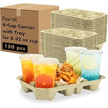 Karat [150 ct] 4 Cups 8oz - 32 oz Drink Carrier with Tray, Durable to Go Coffee Cup Holders, Tray Section for Hamburgers/Hot Dogs/Sandwiches-C5010