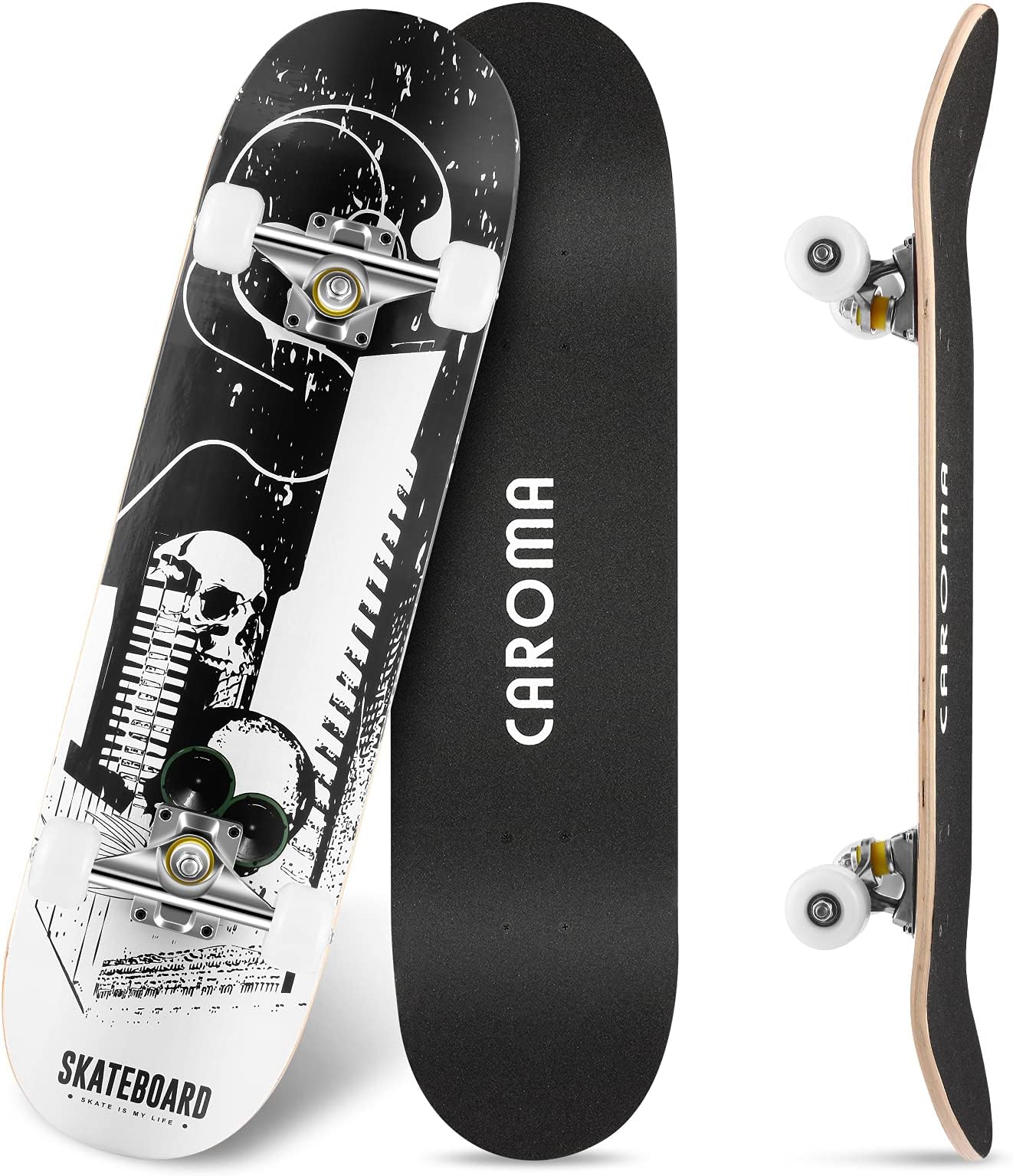 Caroma Skateboard for Beginner, 79cm Complete Skateboards, 9 Layer Maple Wood Deck, Double Kick Trick Concave Cruiser Skateboards, 4 Wheels Longboard for Kids Teen Girl Boy Skateboarding