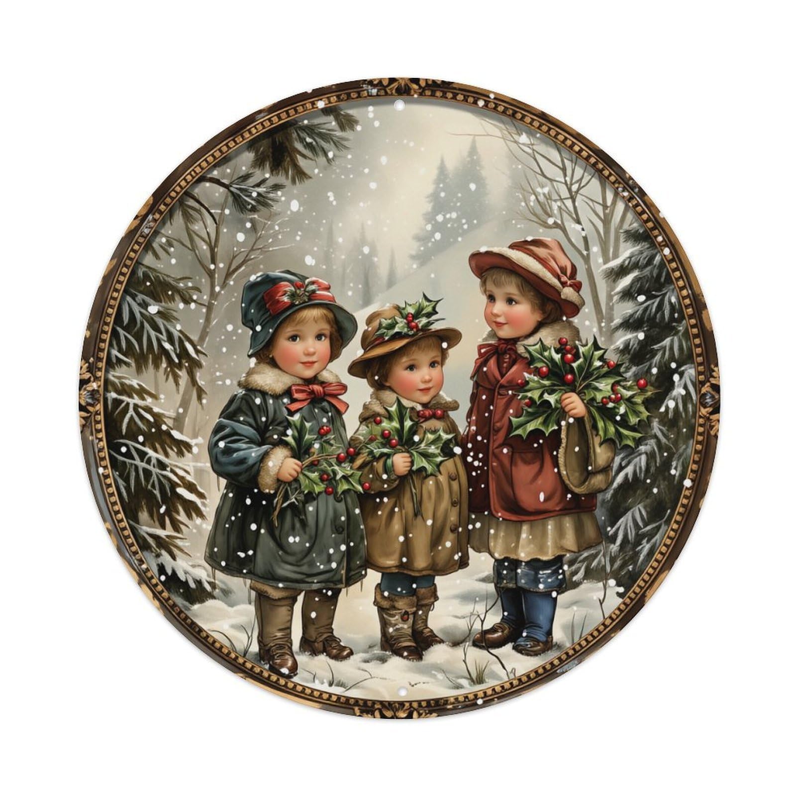 Children Holding Holly In Snow Round Tin Sign Vintage Metal Poster, Home Bar Garage Man Cave Cafe Indoor & Outdoor Wall Decoration 8x8Inches