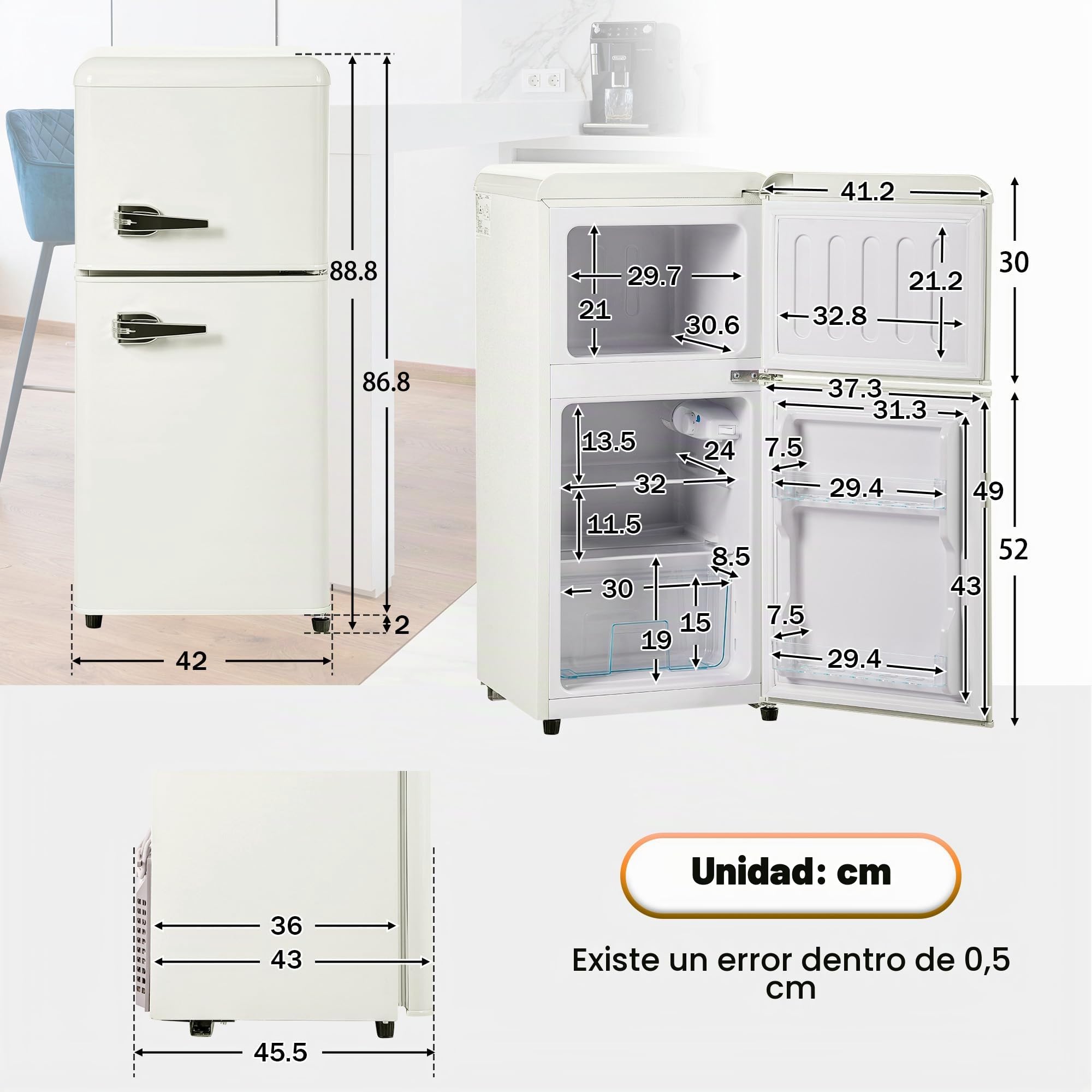 Frigorífico Mini 60L, Frigorifico Pequeño con Congelador (22L+38L), Frigorifico Combi con LED luz, 88,8x45,5x42 cm Frigorífico no Frost con Estantes Ajustables, 102 kWh/año, -27°C∽13°C (White)
