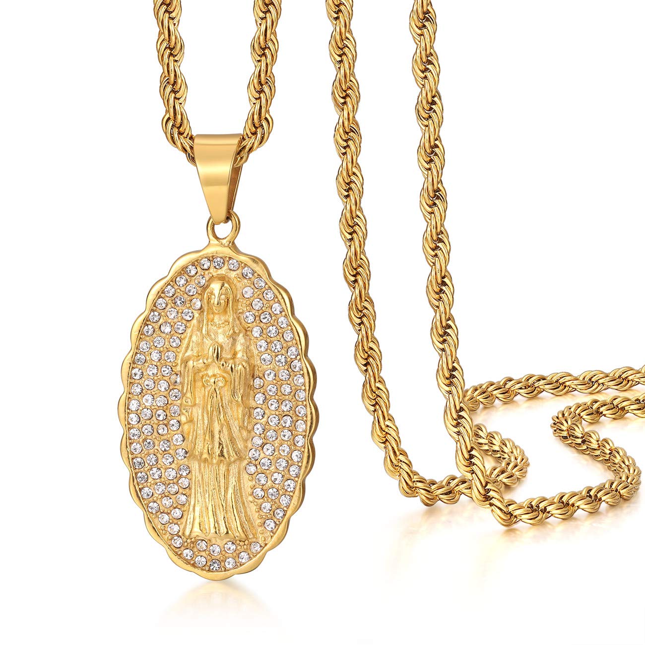 ROWIN&COROWIN&CO Mens Gold Iced Out Diamond Our lady of guadalupe Pendant Necklace for Men & Women, Stainless Steel Oval Virgin Mary Christian Jewelry, Includes Gift Box.