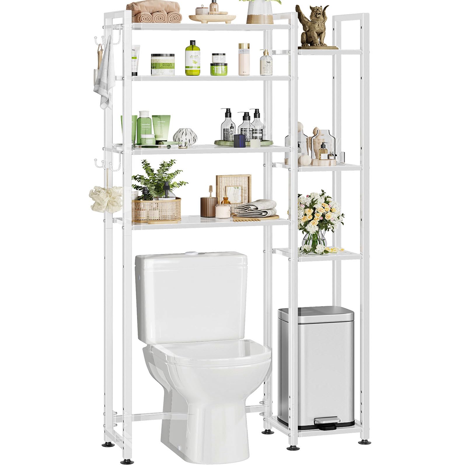 Simple Trending 8 Tier Over The Toilet Storage with Side Rack, Bathroom Organizer Metal Shelves for Towels, White