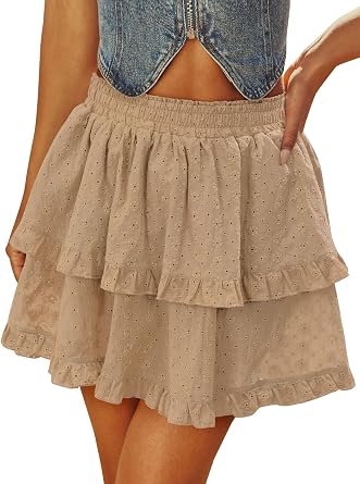 Aoudery Flowy Shorts for Women Boho Ruffle Tiered Skorts Crochet High Waist Mini Skirts Western Cowgirl Casual Concert Skorts