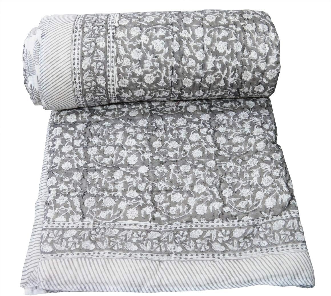 Ethnicfashville Hand Block Print Indian Handmade Queen Size Light Weight in Side Doctor Cotton Razai Quilt Throw Ethnic Coverlet Blanket Elephant Printed