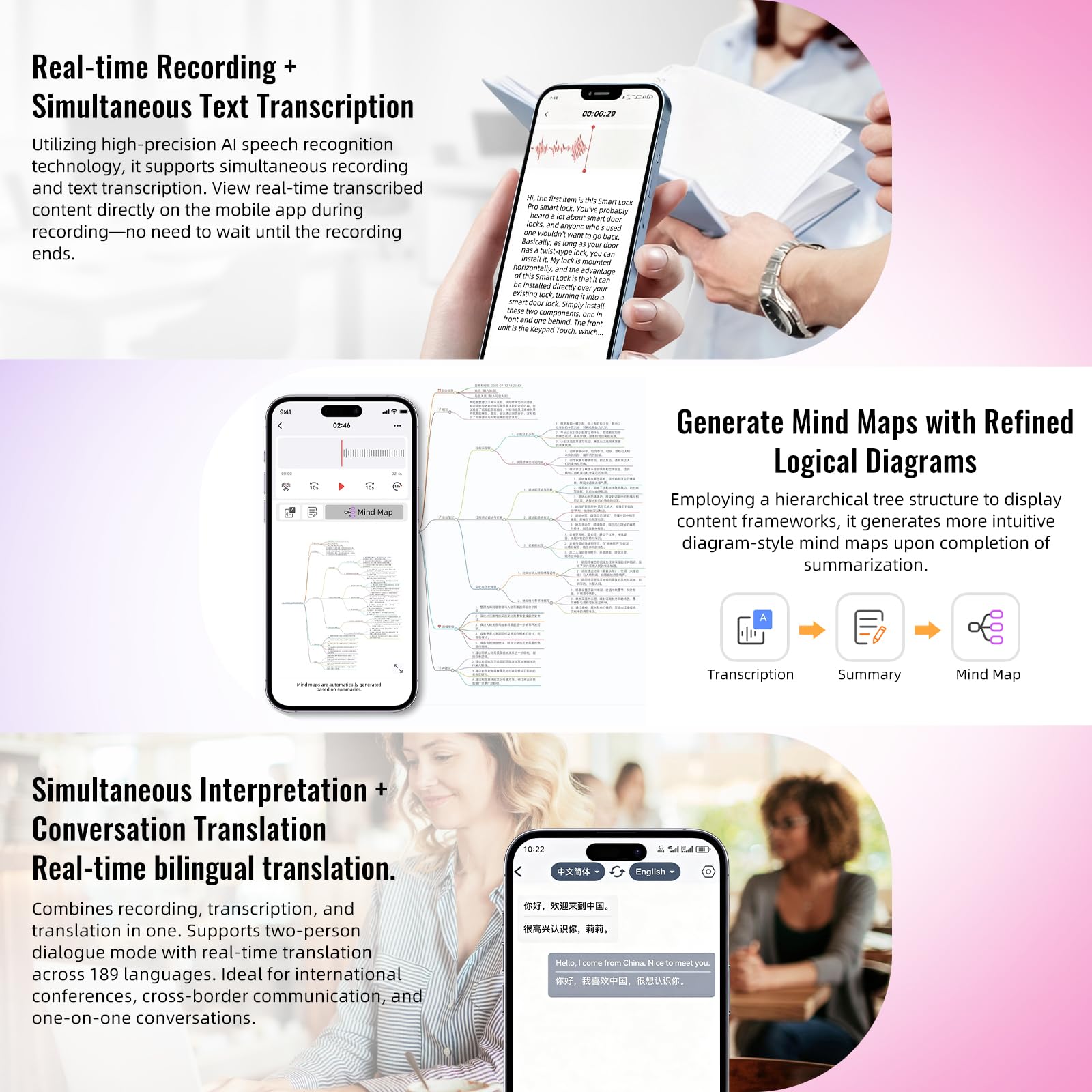 Registratore vocale AI, registratore vocale da 64 GB con supporto magnetico, trascrizione AI, mappa mentale e riepilogo tramite app, supporta 189 lingue, registratore digitale portatile per lezioni