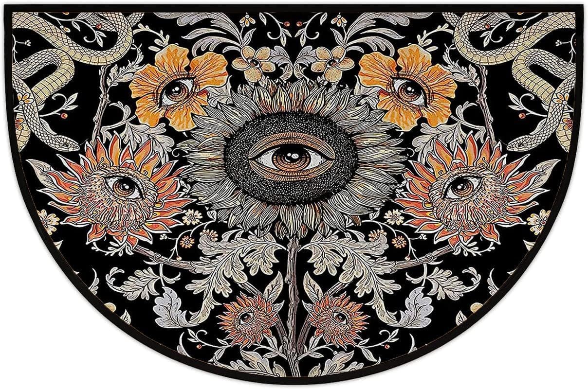 Tapete semicircular psicodélico de girasol psicodélico con diseño floral de ojos malvados para entrada al aire libre, para entrada exterior, 16 x 24