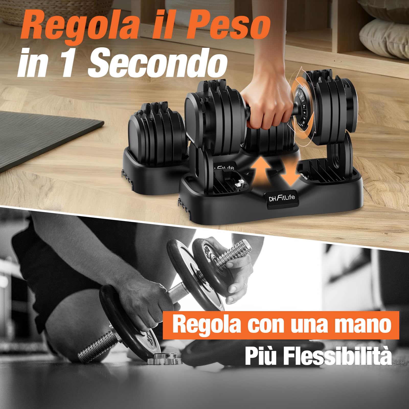 DH FitLife 2026 Nuovo Manubri Regolabili da 2,5 a 25 KG con Base Porta Pesi – Set Manubri Componibili per Uomo e Donna con 18 Pesi in 1, Manubri Regolabili Salvaspazio per Allenamento a Casa