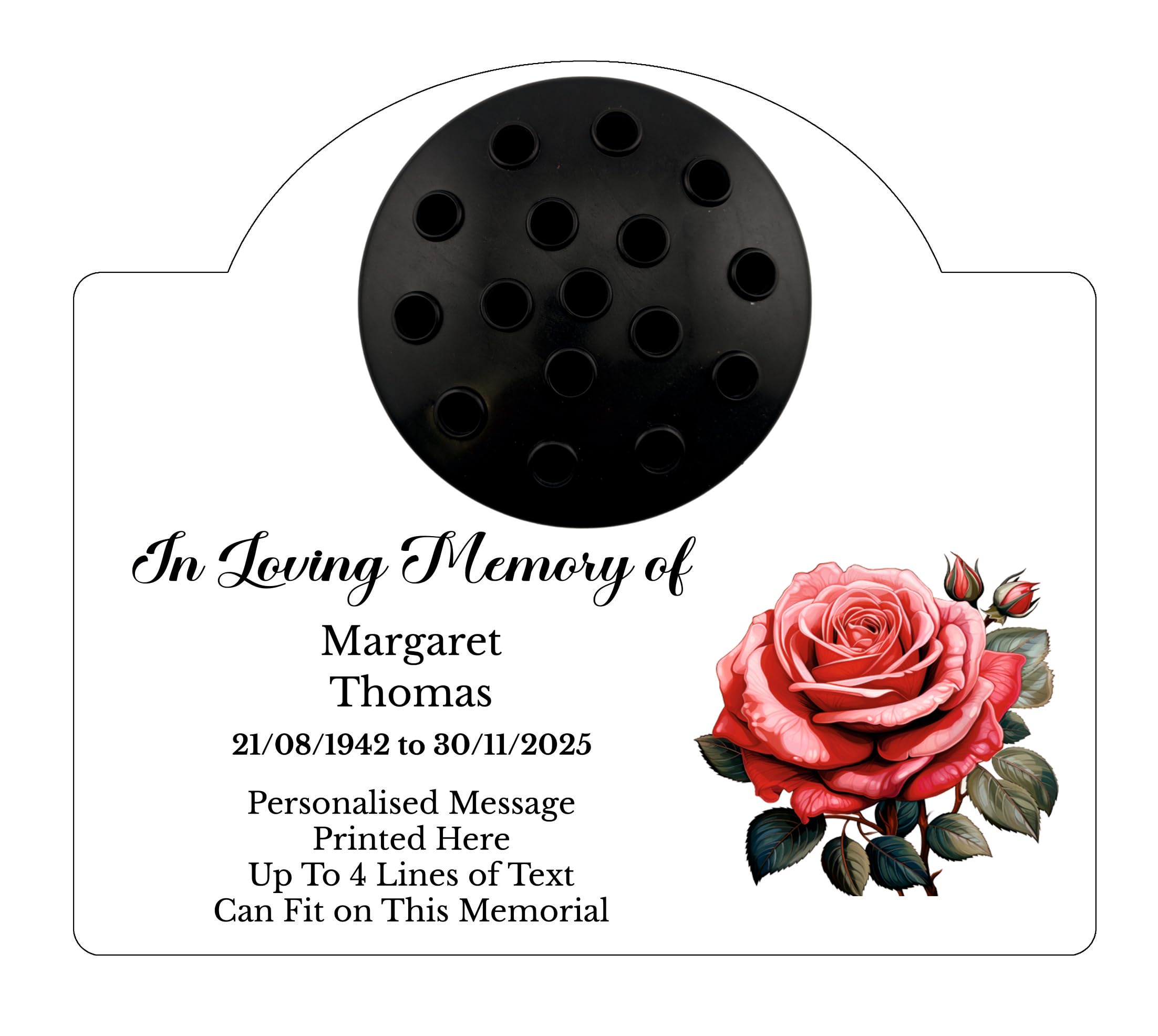 1stclassgifts Personalised Rose Design Metal Grave Stone Marker Headstone Memorial Plaque, In Memory Sign Remembrance Vase Flower Pot Grave (UV PRINTED) (White, Black lid)
