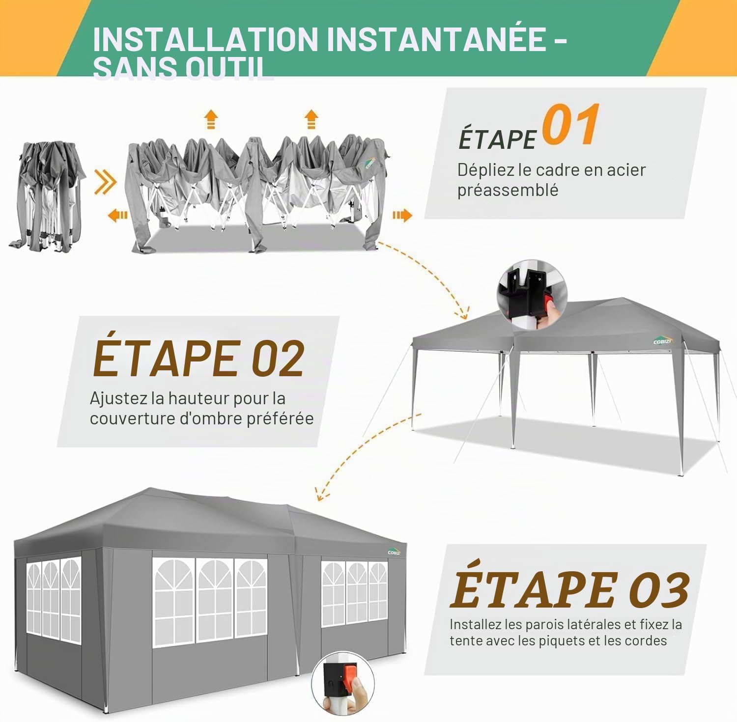 COBIZI Tonnelle Pliante 3 x 6 m étanche et Stable - Tente de réception d'extérieur 3 x 6 m avec 6 parois latérales - Anti-UV - pour Mariage, extérieur, Jardin, fête, marché (Gris)