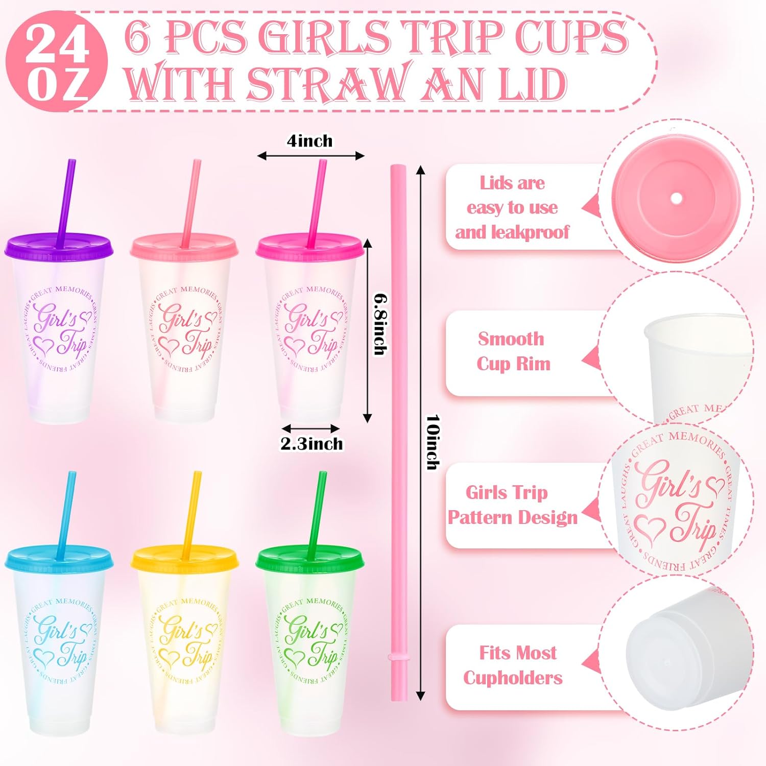 12 Pcs Girls Trip Gifts Favors for Women 6 Girls Trip Makeup Bags 6 Cups with Lids and Straws 24oz Plastic Tumbler Best Friendship Weekend Gift for Friend Bestie Sister Bachelorette Vacation - Image 2