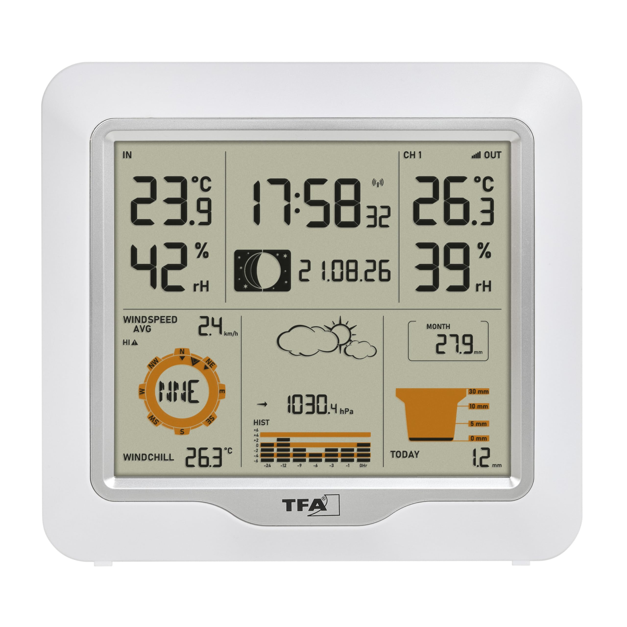TFA Dostmann Digitale Funk-Wetterstation 5-in-1 mit Kombisender Weather One, 35.1177.02.99, 2 Display, Luftfeuchtigkeit, Temperatur, Regenmesser, Windmesser, mit Luftdruck, Wettervorhersage, Alarme