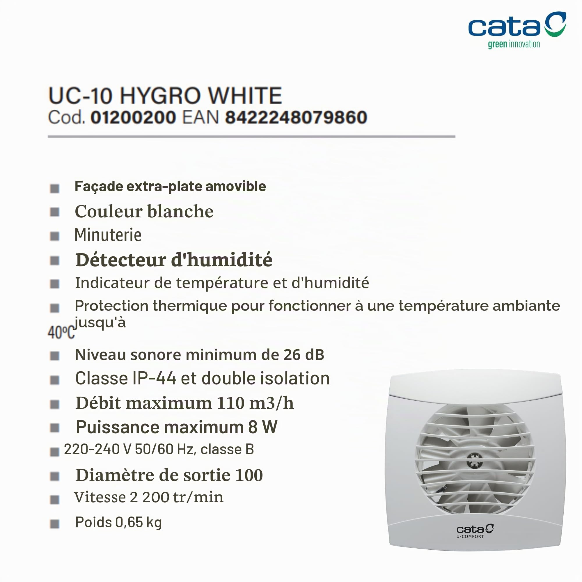 Cata Extracteur de salle de bain UC-10 Hygro WH avec boîtier extra-plat amovible, minuteur, vitesse réglable, 2 200 tr/min, détecteur d'humidité silencieux 26 dB, débit 110 m3/h, puissance 8 W, léger