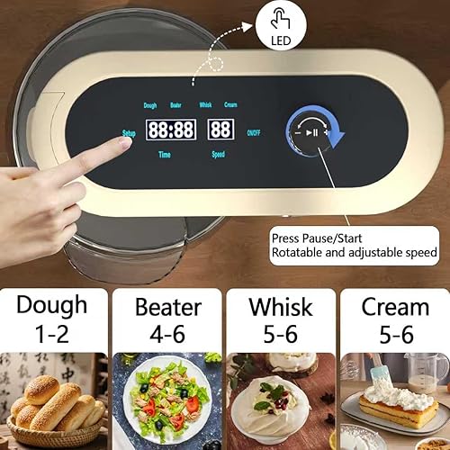 Miniatura 5 de Mezclador de pie de 900 W, mezcladores de masa de cocina de 8 cuartos de galón, pantalla táctil LED, velocidad ajustable, mezcladores domésticos