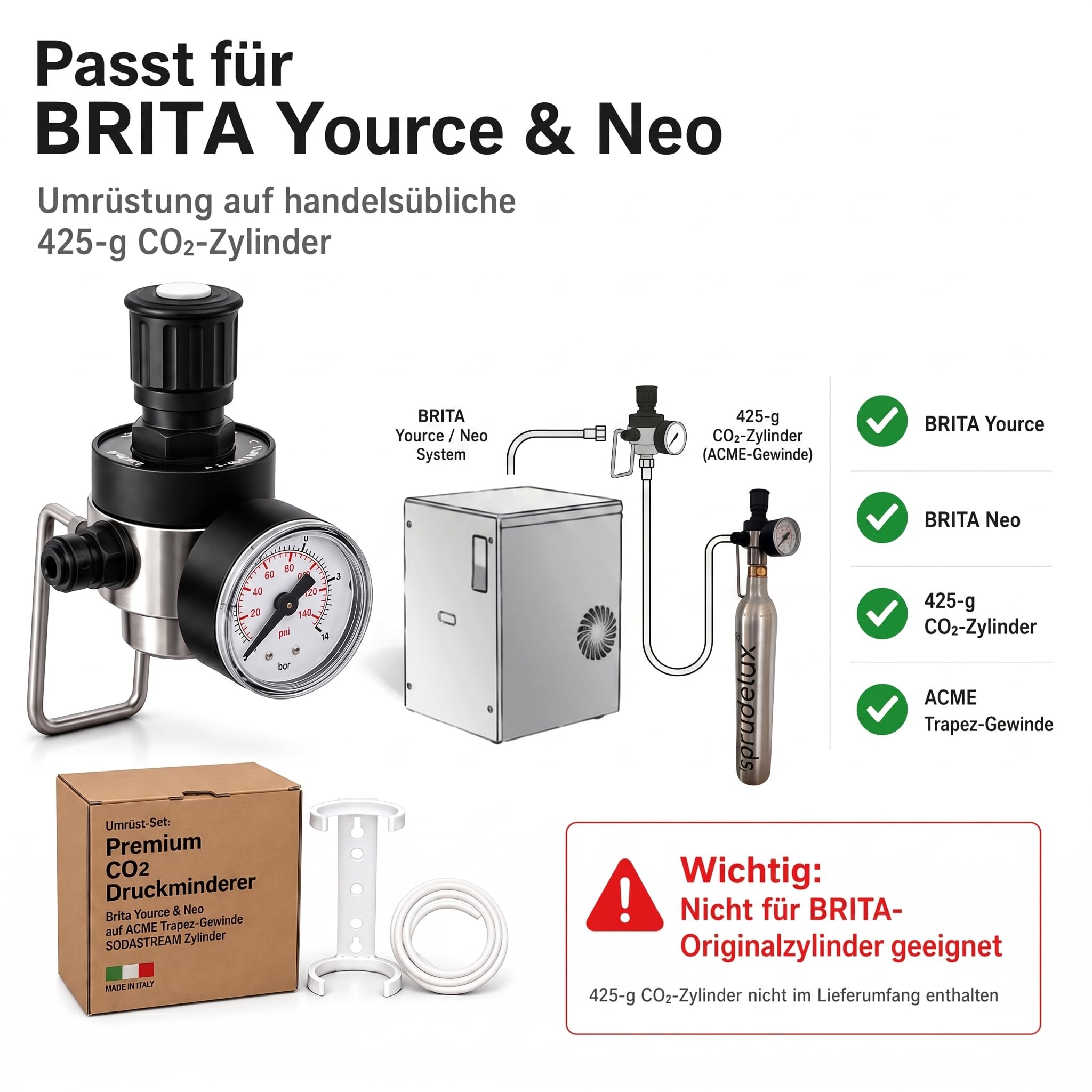 Reductor de presión de CO2 para uso habitual de 425 g de cilindros de CO2 adecuado para Brita Yource y Neo. Sistema de gasificador.
