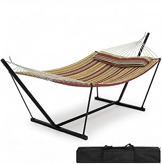Komfortable Doppel-Hängematte mit robustem Gestell - wetterfestes Polyester, stabile Hartholz-Spreader-Bar, 204 kg Tragkraft, inkl. Tragetasche - ideal für Garten, Terrasse & Pool