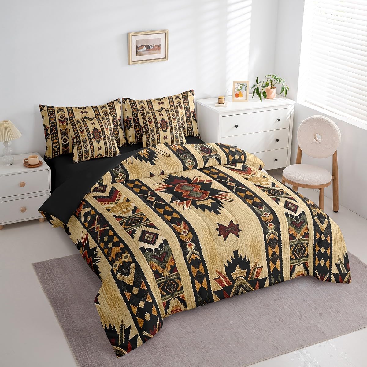 Feelyou Wood Southwestern Bedding Set Queen Geometric Comforter Set 7 Pieces Tribal Native American Indian Design Vinatge Bed in a Bag Exotic Stripe Line Bed Set with Comforter Sheet Set Pillowcases