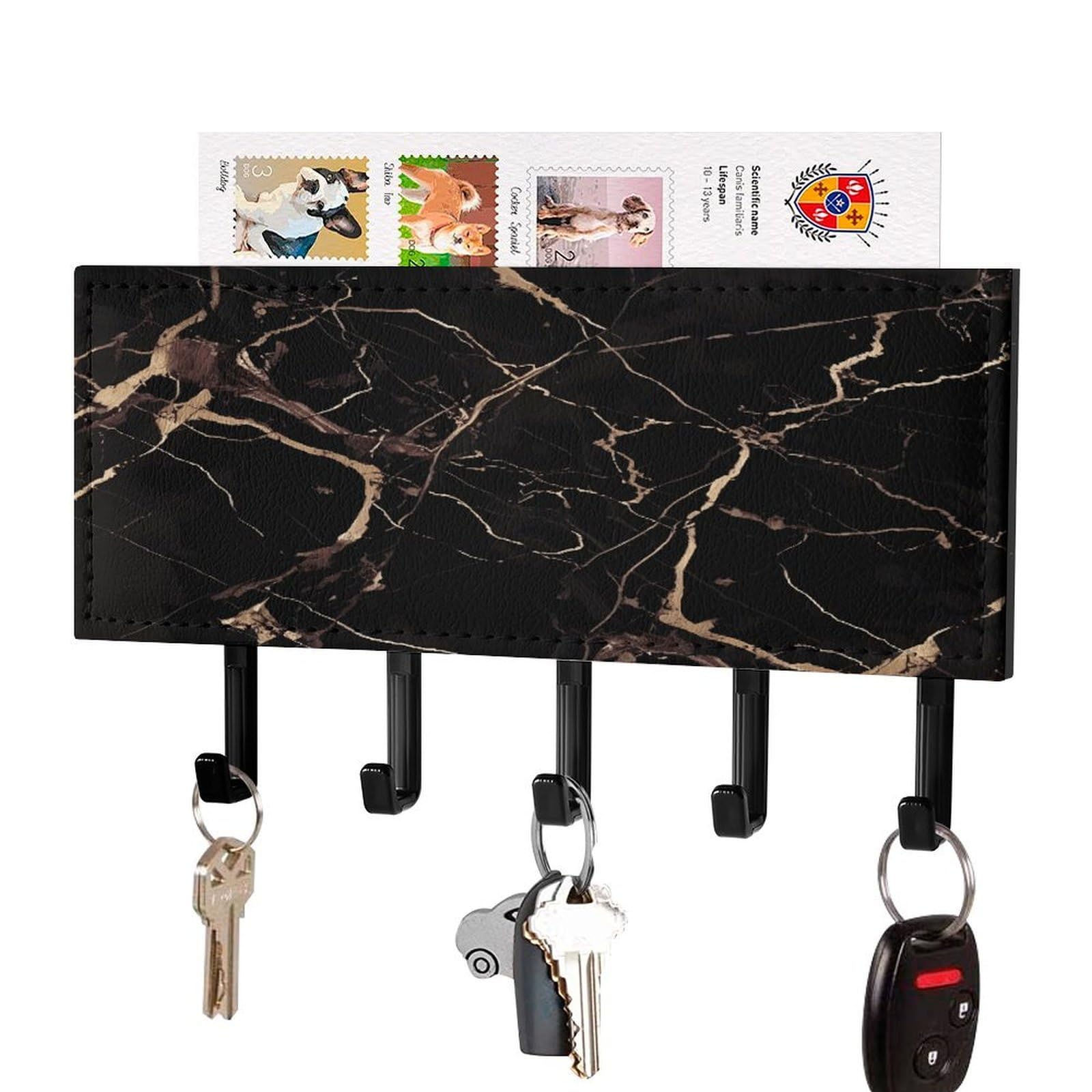 FekiLoot Black Gold Marble Key Holder Wall Mount Key and Mail Holder Key Hanger with 5 Hooks Decorative PU Key Rack Hanging Key Hooks for Wall Living Room Kitchen Bathroom Hallway Black-Style