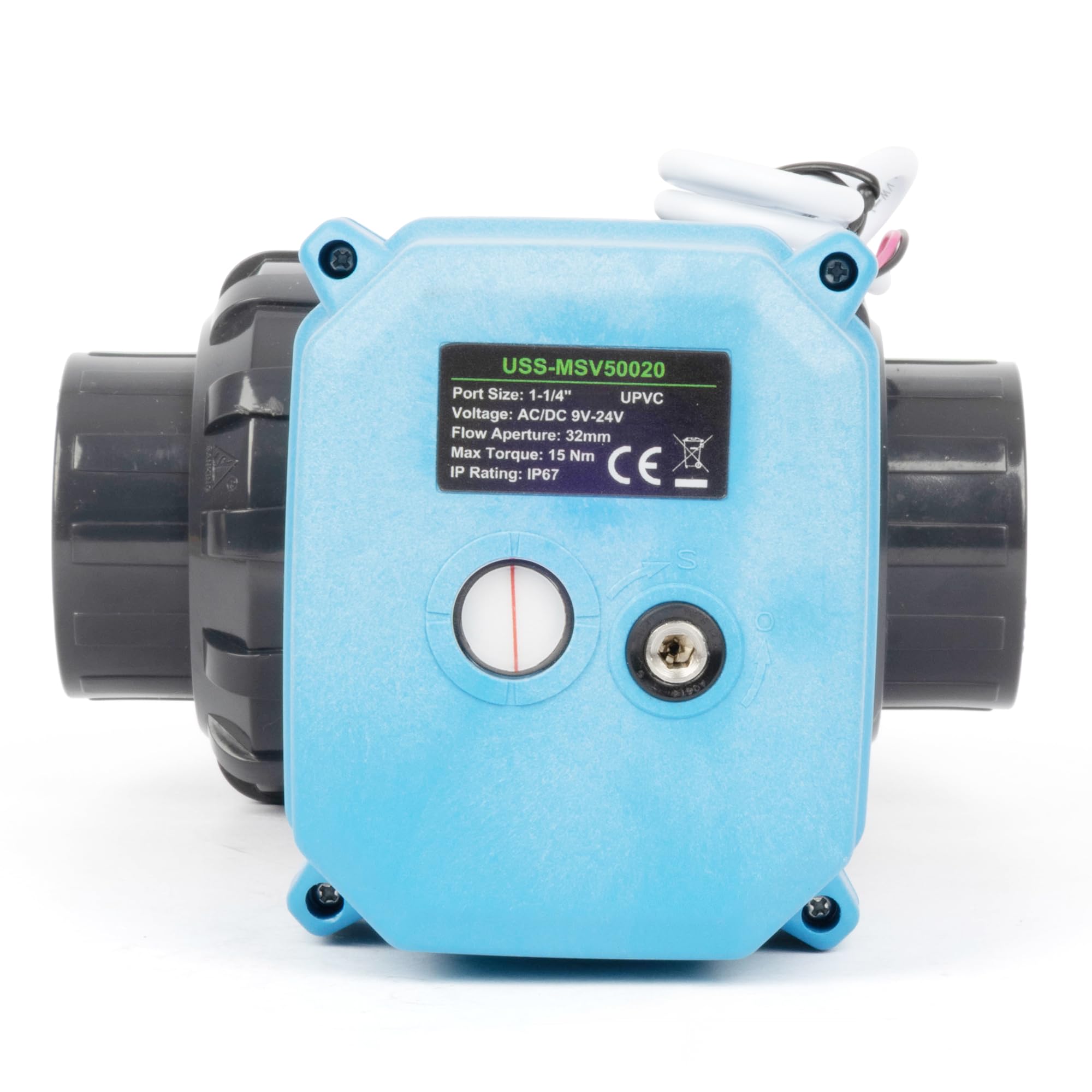 U.S. Solid 1 1/4" UPVC Elektrischer Kugelhahn, G-Gewinde, 9–24 V AC/DC, 2-Draht-Auto-Rücklauf, IP67, stromlos geschlossen mit manuellem Reset für Wasser und Luftsysteme