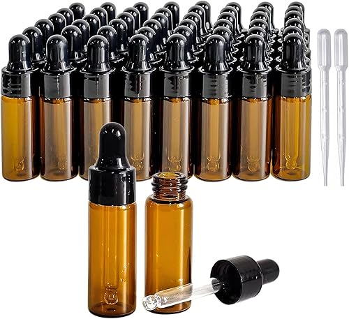 PYAWI 50 botellas cuentagotas de muestra de 0.2 fl oz, botellas cuentagotas de vidrio ámbar para muestras de aceites esenciales, perfume cosmético