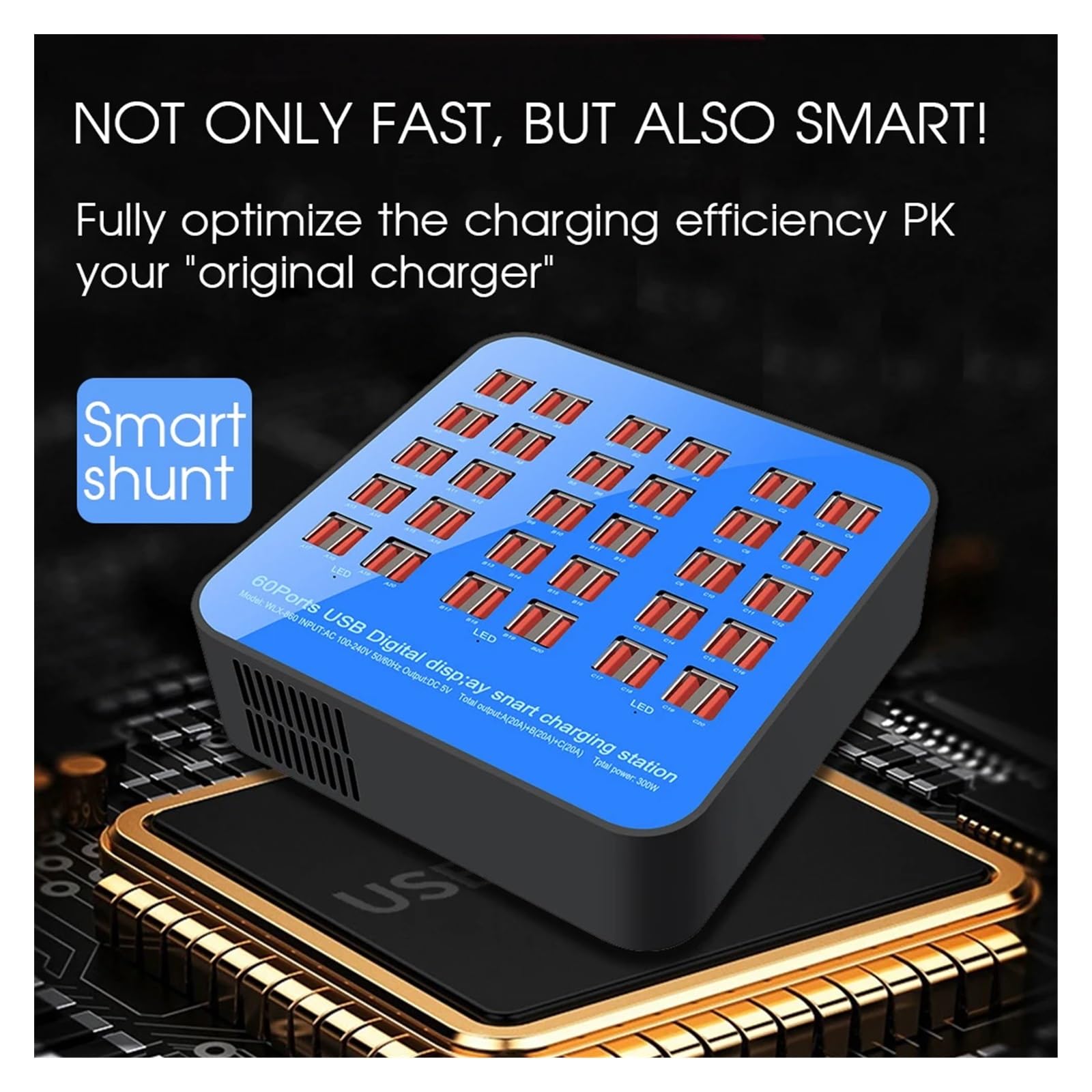 Adattatore for caricabatterie USB da 300 W/200 W/100 W 10/20/40/60 porte HUB multifunzionale stazione di ricarica presa dock Compatibilità universale(60Port 300W Blue)
