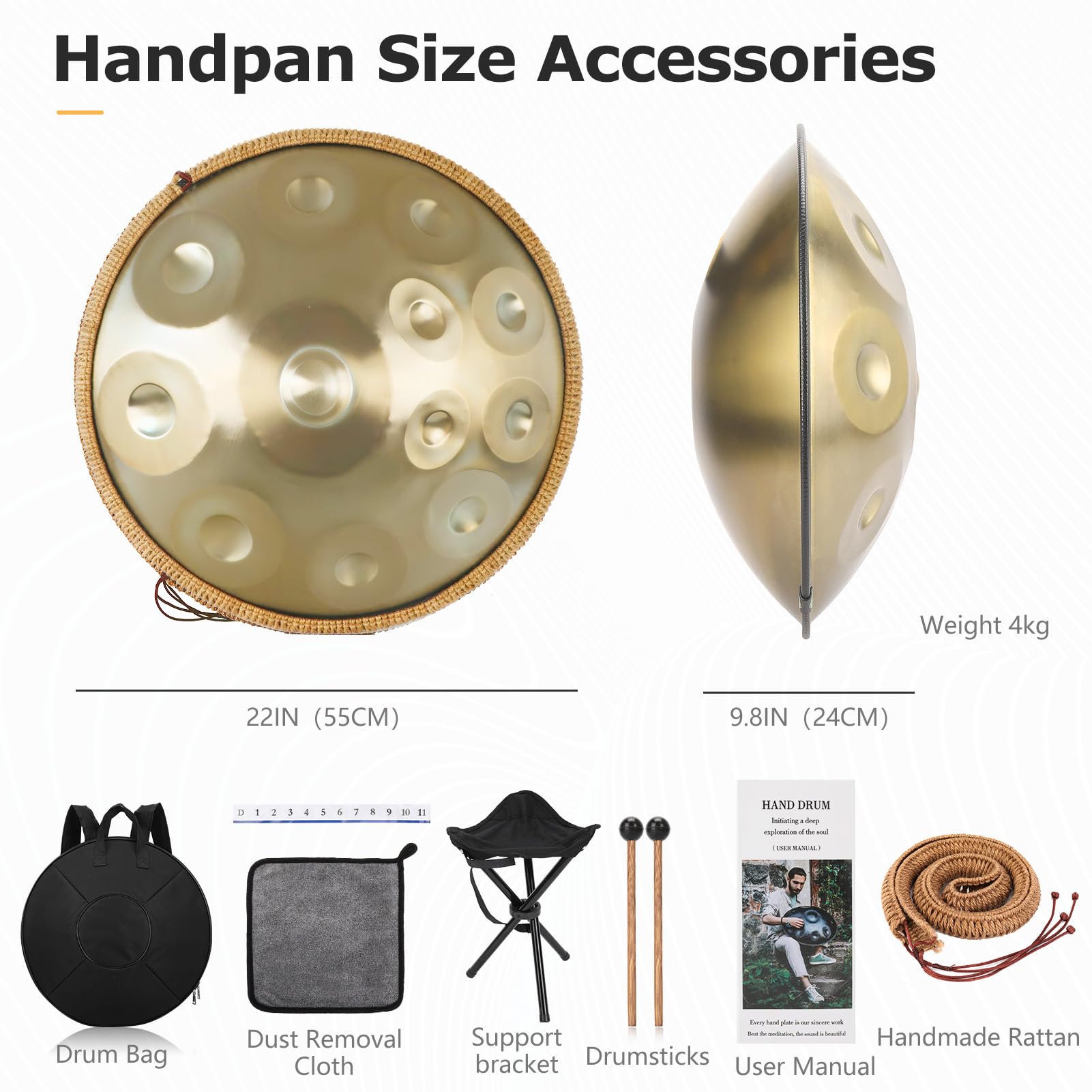 Handpan Drum, 12 Töne 22 Zoll Steel Instrument 440/432h Gold in D Minor Zungentrommel Mit Weicher Tasche, Schlägeln, Handtrommelständer für Anfänger, Profis, Musiktherapie (440Hz)