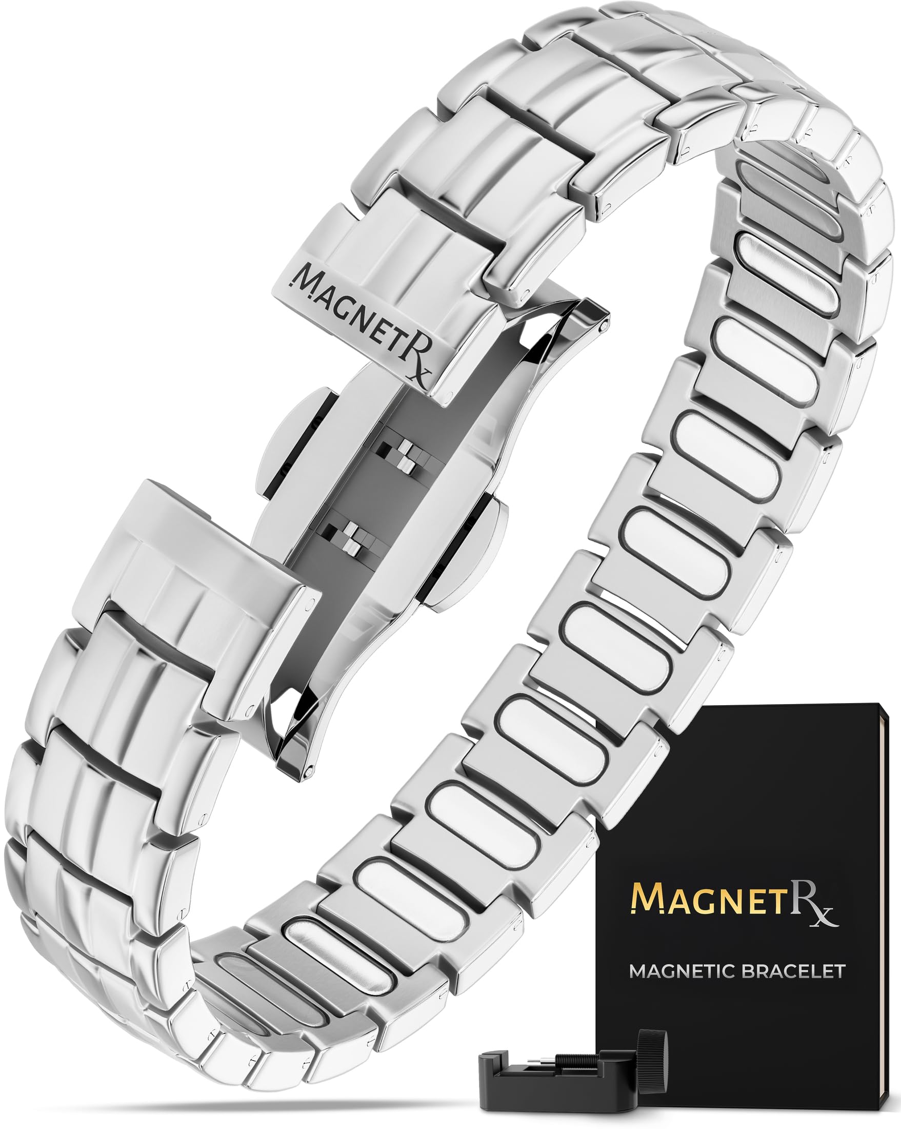 MagnetRX® Magnetic Bracelets for Men - EllipseMAX 5X Strength 5,000 Gauss Magnets - Designed in USA & Patent Pending - Premium Titanium Mens Magnetic Bracelet & Adjustable Length (Silver)