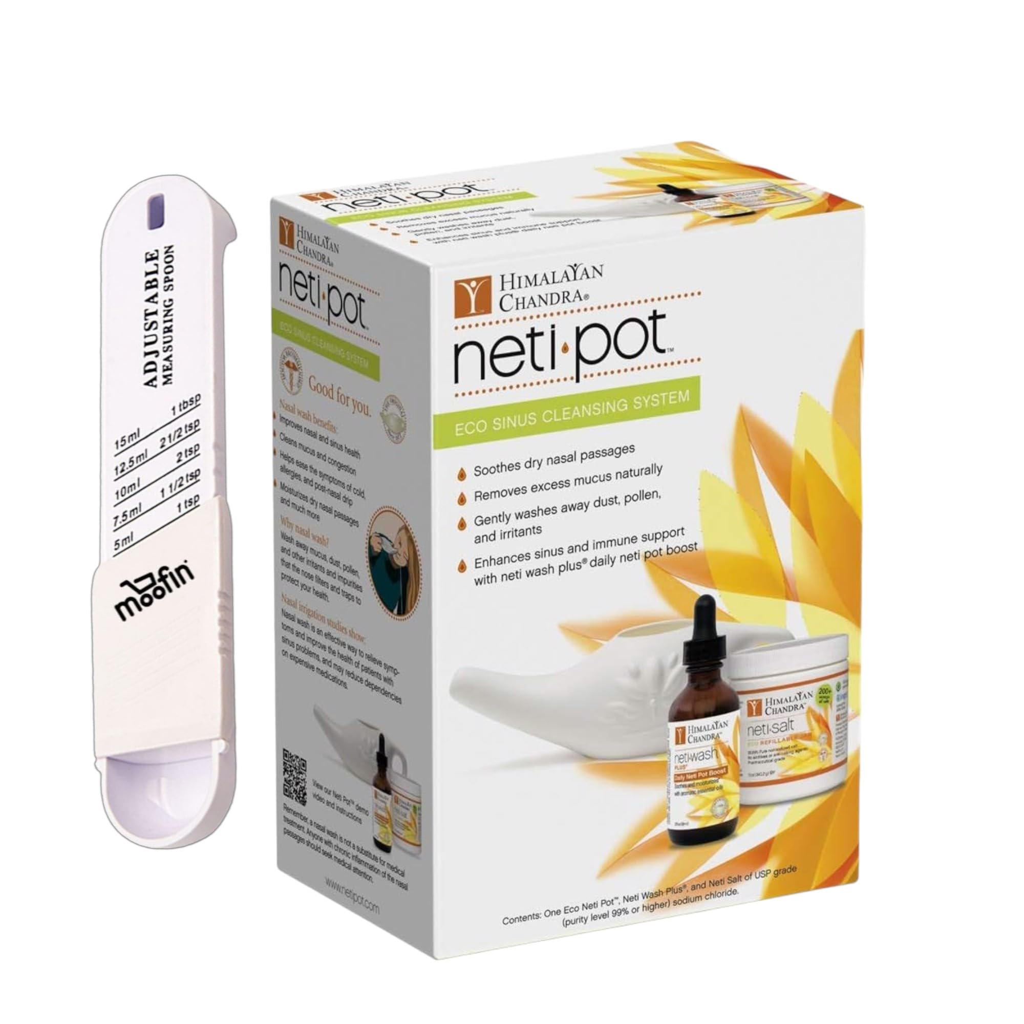 moofin ECO Neti Pot Complete Sinus Wash Cleansing System Starter Kit, Bundle Plastic Measuring Spoon, Sinus Rinse Two Pots, Ayurvedic Nasal Irrigation, Ergonomic Design [Pack of 1]