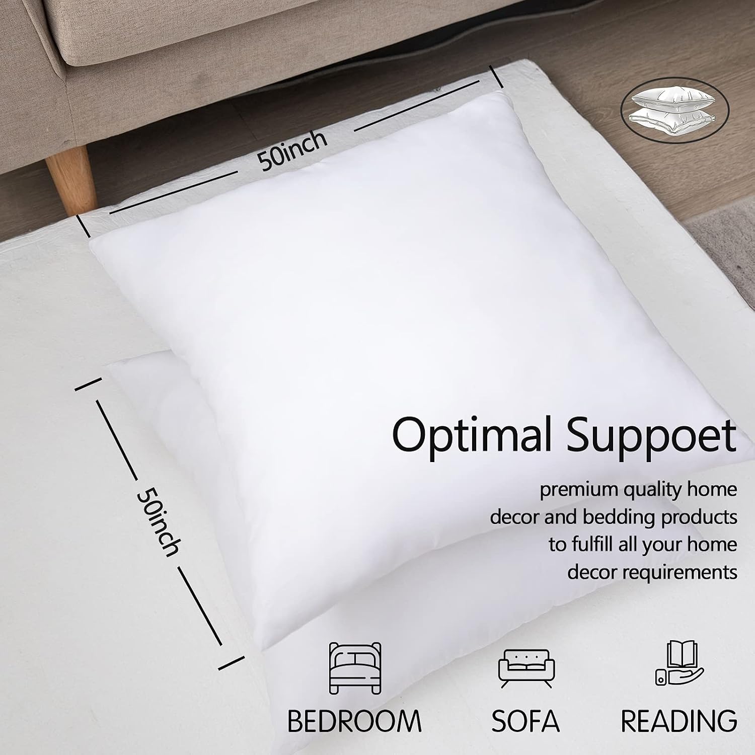 NEERYO Soft Polyester Throw Pillow Inserts Hypoallergenic Sham Stuffer Decorative Pillow Bed Couch Sofa Machine Washable White Square Form Set of 2 20 x 20 Inch 50 x 50 cm