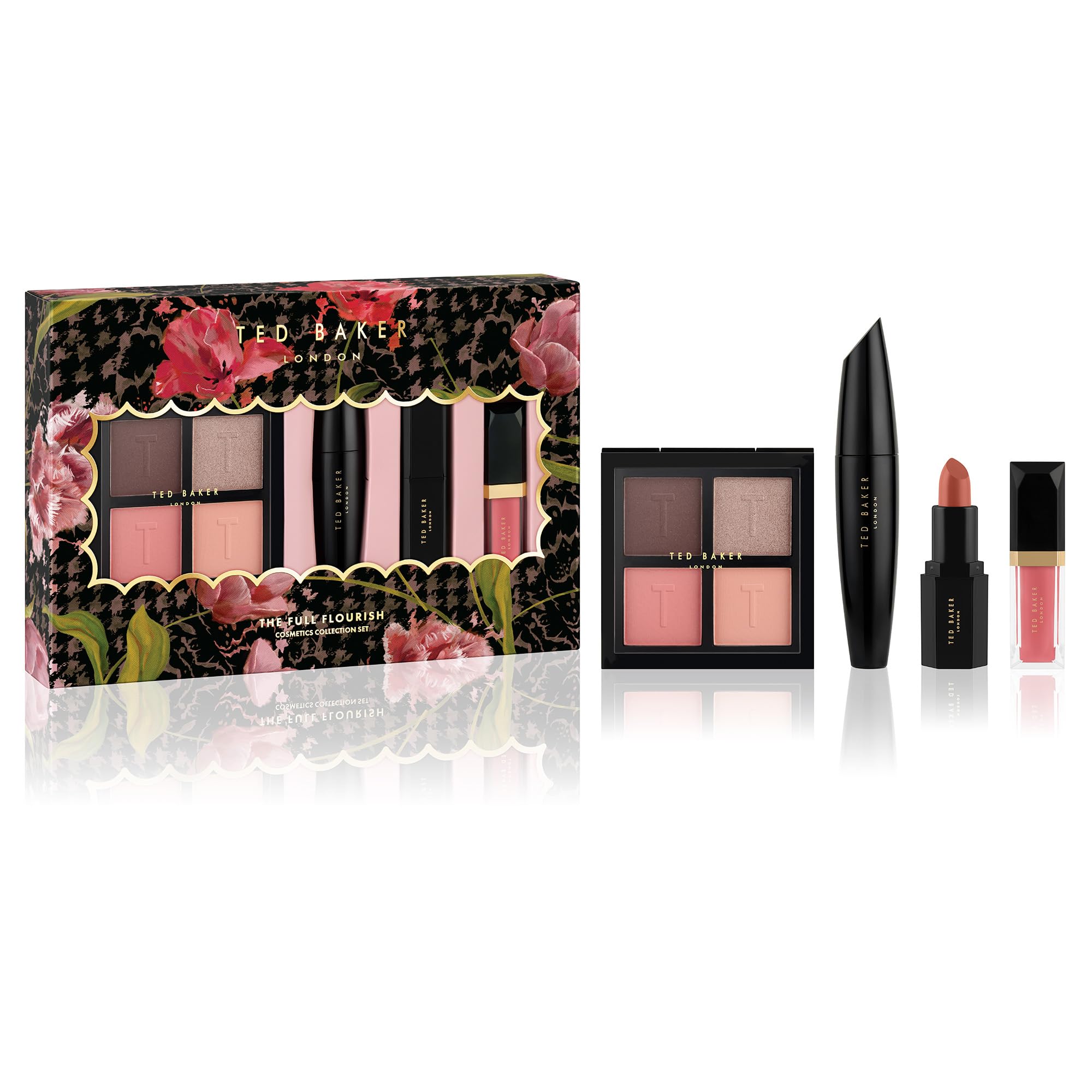 Ted Baker The Full Flourish Gift, Makeup Set For Women | 4 Colour eye shadow palette, black mascara, lipstick and lip gloss in one complete makeup gift set. Travel size for handbags