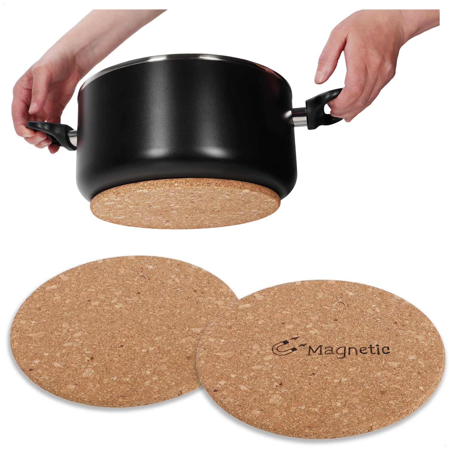COM-FOUR® 2x Magnetic Pot Trivet - Heat Protection Cork Mat - Round Coasters for Pots and Pans Ø 21cm - Heat-Resistant Cork Coasters