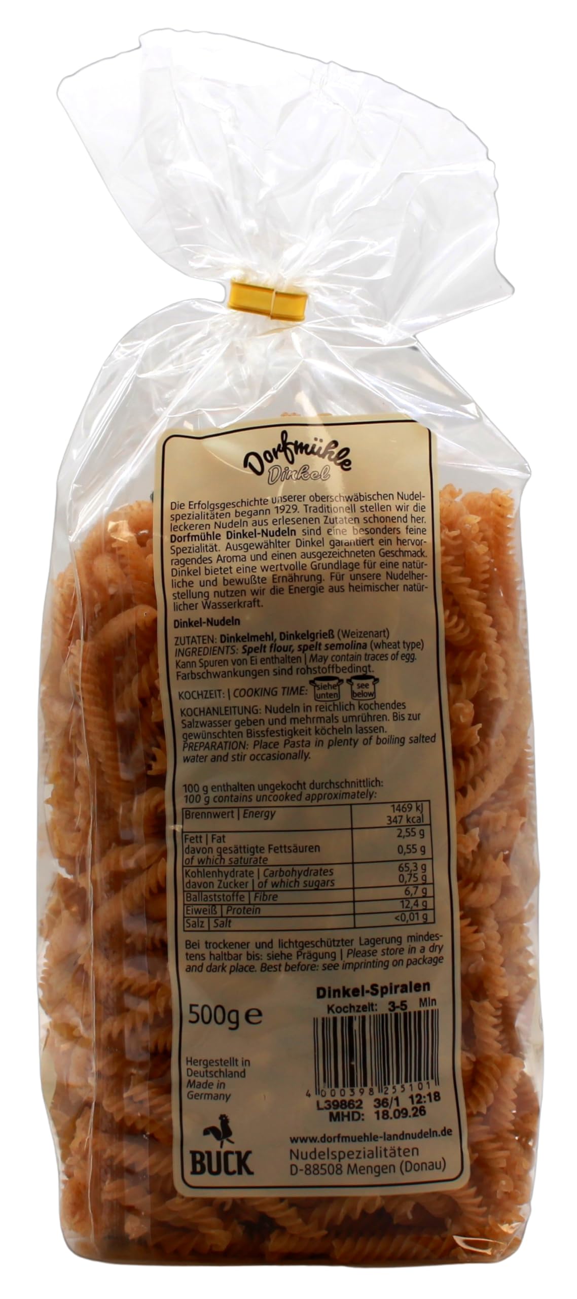 Dorfmühle Oberschwäbische Land-Nudeln Dinkel-Spiralen vegan, 12er Pack (12 x 500g)