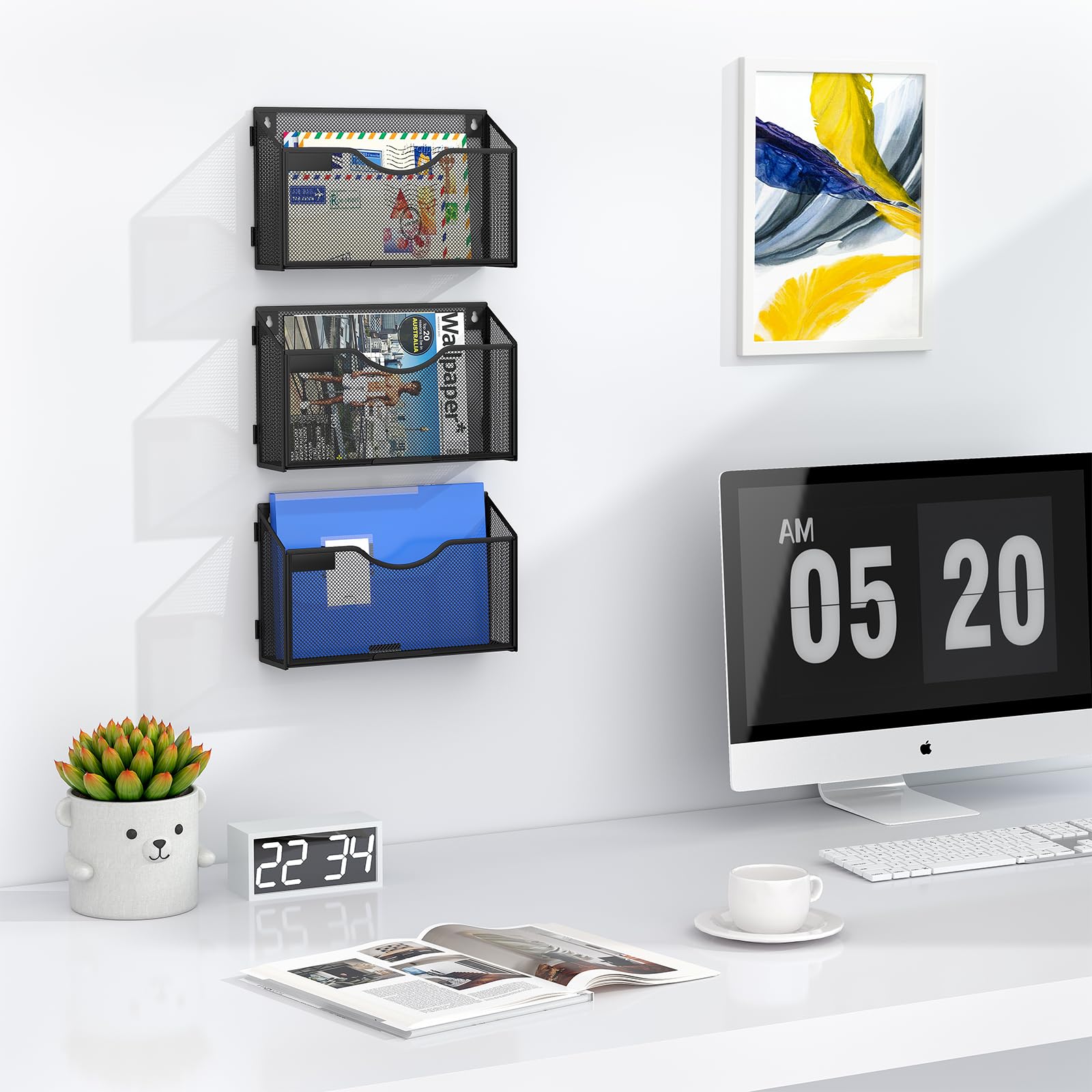 EasyPAG Organiseur mural suspendu en maille à 3 poches format A4 paysage à assembler, support de fichiers, organiseur de courrier, rangement pour magazines et documents, lot de 3, noir