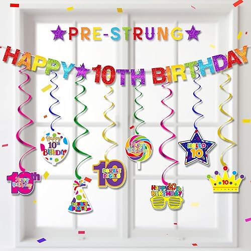 Cartel de feliz cumpleaños número 10 pre-encordado, decoración de cumpleaños de 10 años para niños y niñas, doble dígitos para fiesta de cumpleaños