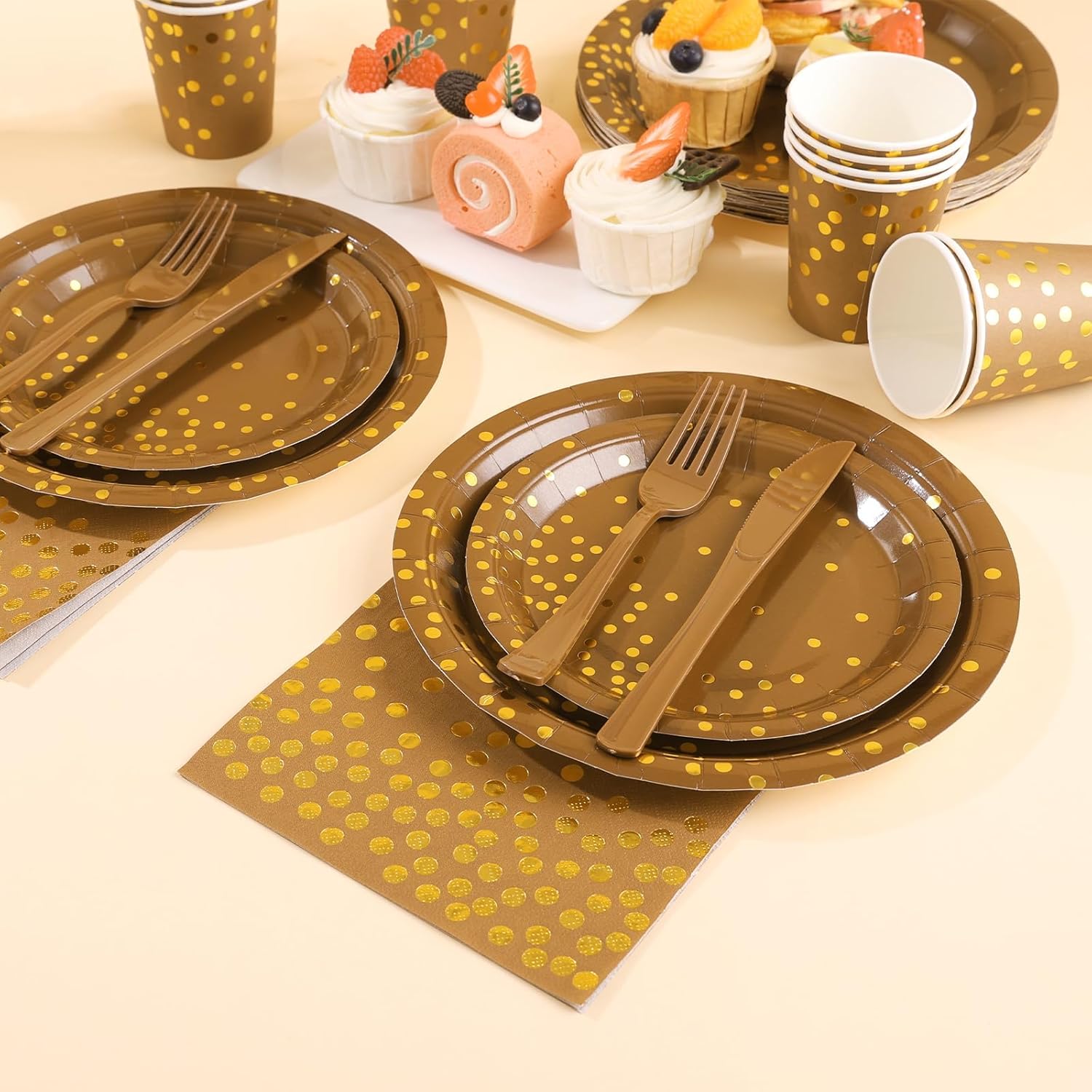Brown and Gold Party Decorations, Brown Plates and Napkins Party Supplies 175Pcs Terracotta Paper Plates for Mexicanos Birthday Holiday, Serves 25