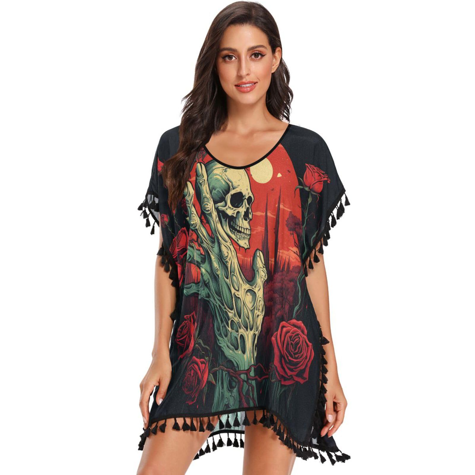 Red Rose Hand Skeleton Art Women's Beach Cover Up Chiffon Tassel Swimwear Swimsuit Coverups for Girl