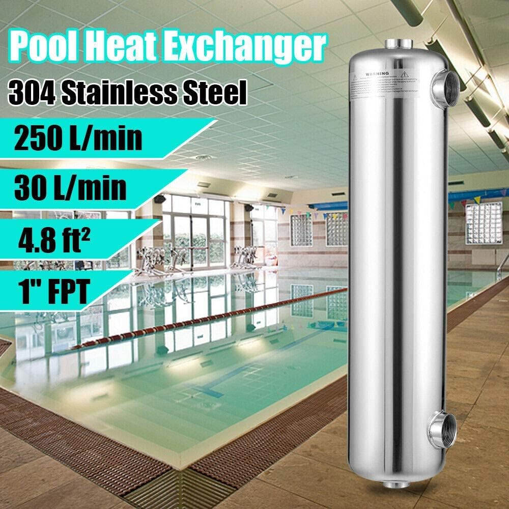 In line Swimming Pool Heat Exchanger Heat Recovery Pool Heater Stainless Steel Shell&Tube Heat Exchanger for Pools Spas Hot Tubs Snow Melting Hydronic Heating1 1/2" NPT(Same Side,200Kbtu/Hour)