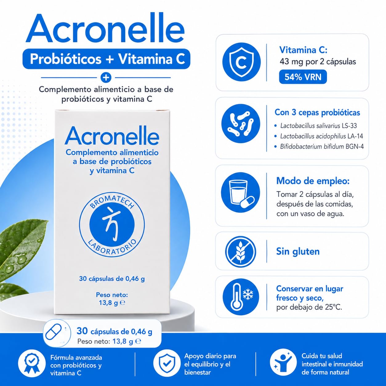 Bromatech Acronelle - Pack Ahorro 2 x 30 Cápsulas - Alivio de Gases, Hinchazón y Tránsito Irregular - Con Lactobacillus Salivarius y Vitamina C - Calma Espasmos, Gases y Dolor Abdominal