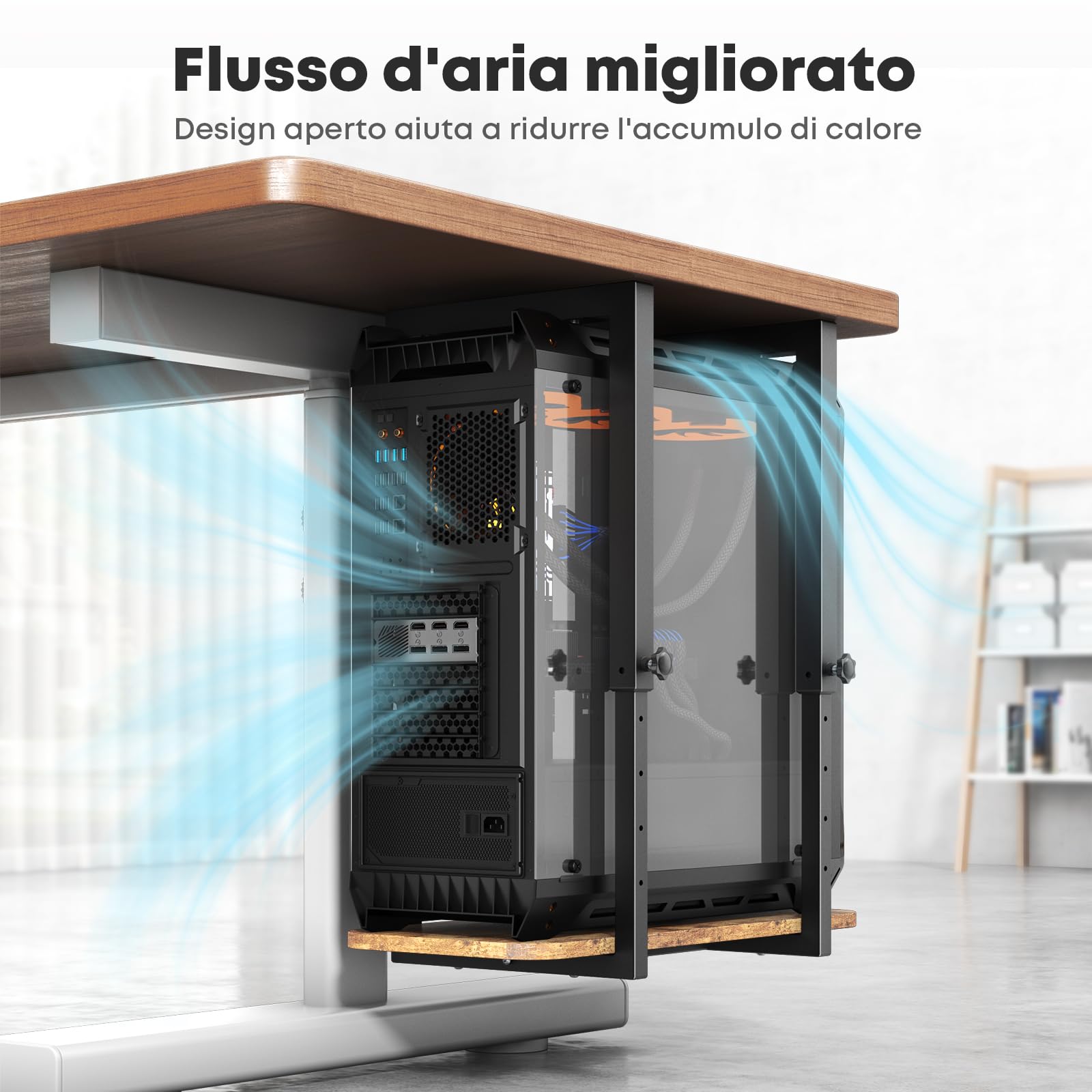 Supporto per PC resistente sotto la scrivania, regolabile in altezza sotto la scrivania, supporto CPU per PC, supporto salvaspazio da scrivania, carico massimo 29,9 kg, nero e marrone rustico