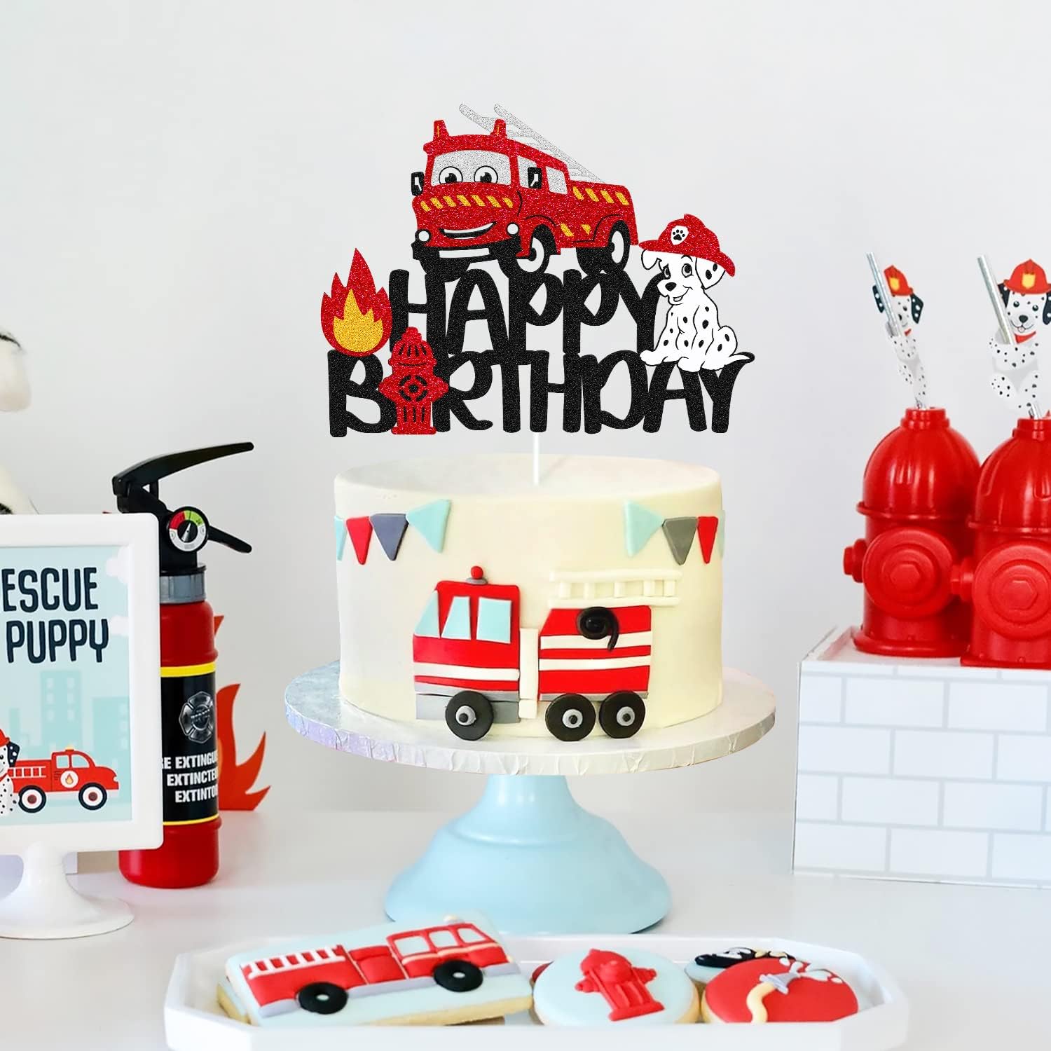 Firetruck Birthday Cake Topper Fireman Firefighter Theme Kids Boy Man Happy Birthday Party Cake Decoration Fire Truck Birthday Party Supplies Glitter Black