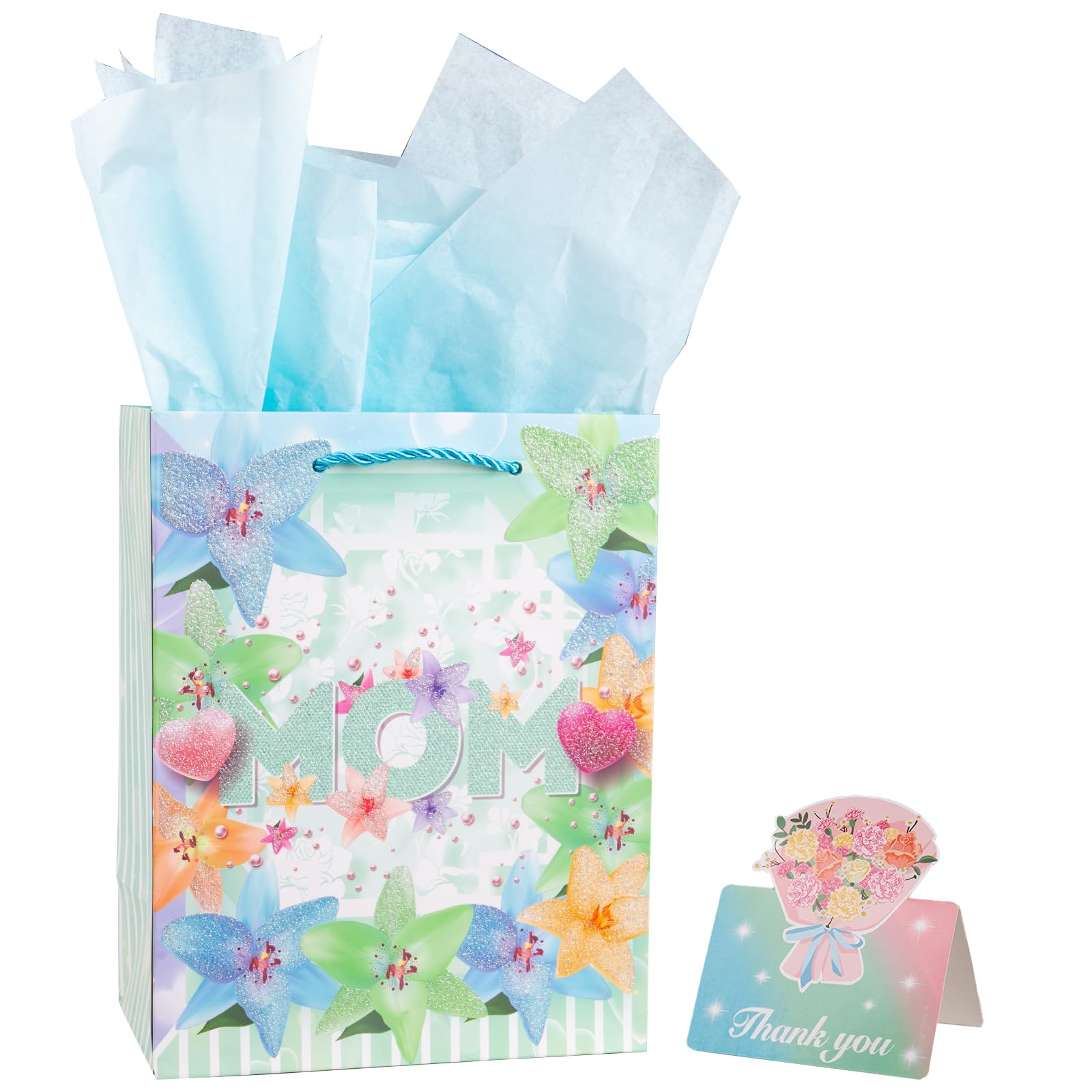 Muswarm 9in (23cm) Small Mother's Day Gift Bag,Mom and Flower Pattern Handbag, with Tissue Paper and Card, Pink, Blue, Green, Green