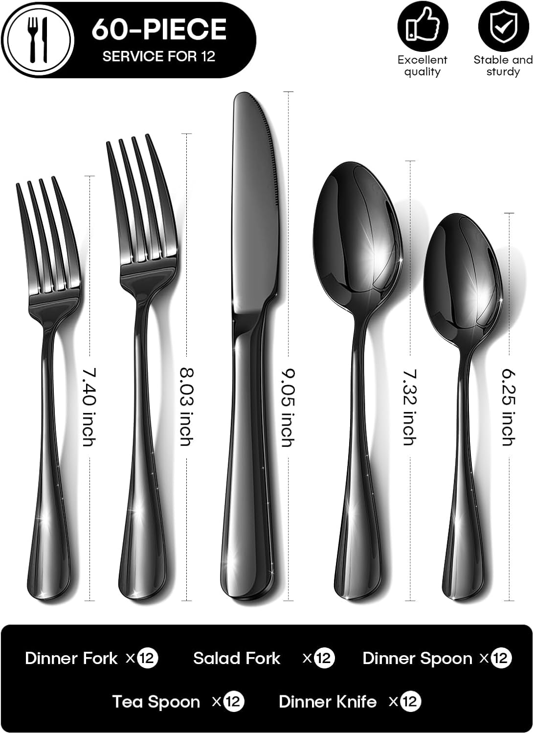 60 Piece Silverware Set, Black Flatware Sets for 12 Food-Grade Stainless Steel Cutlery Utensils Include Spoon Knife Fork Mirror Polished for Home, Party, Wedding, Dishwasher Safe