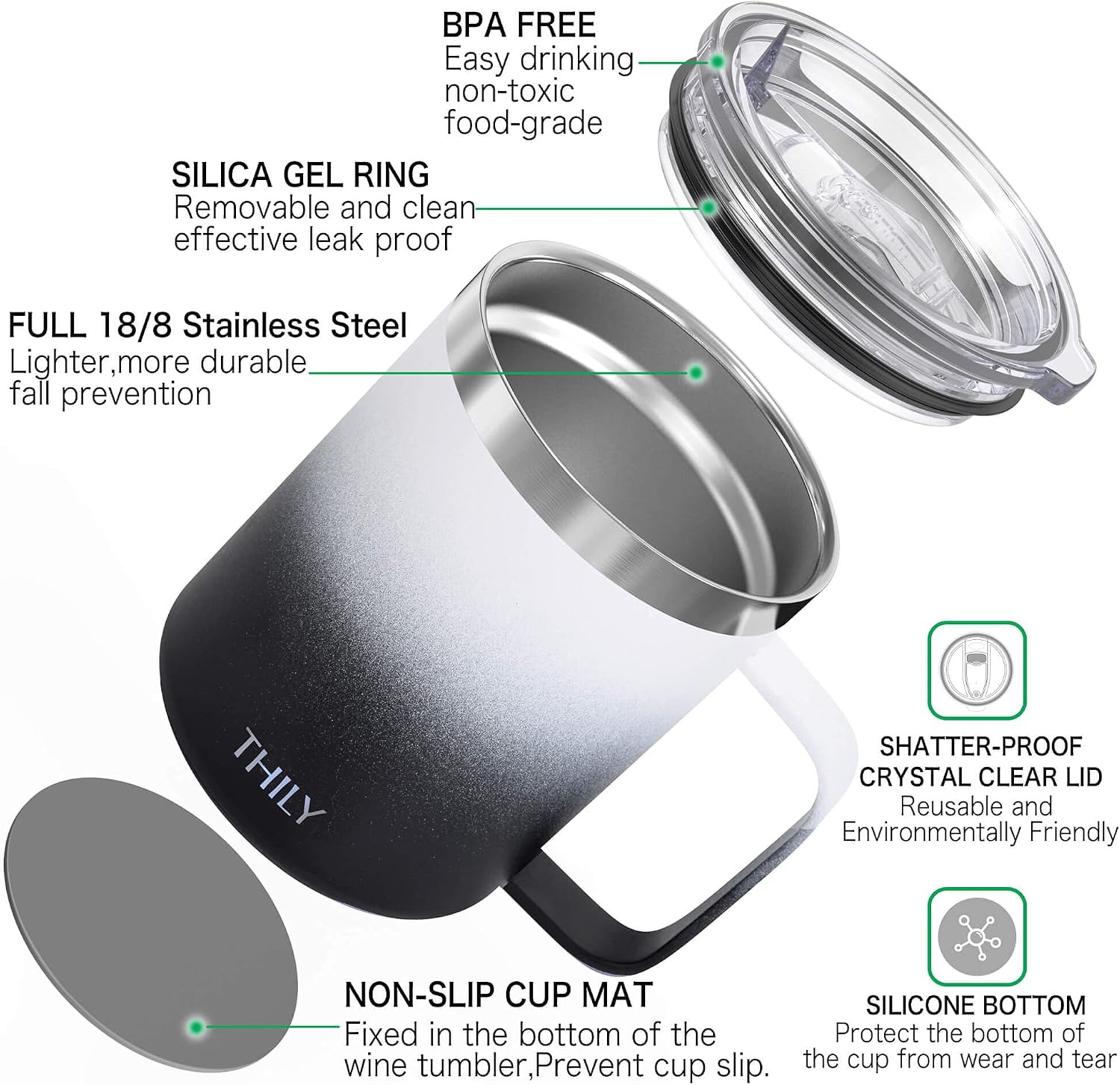 THILY Stainless Steel Insulated Travel Mug 350 ml Vacuum Insulated Coffee Cup with Handle, Spill-Proof Lid - Image 4