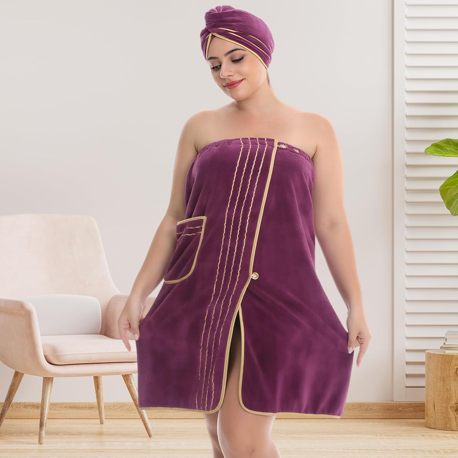 Plus Size Towel Wrap for Women, Shower Wrap Spa Bathrobe Bath Towels Body Wrap After Shower with Hair Drying Towel, Blue - Image 6