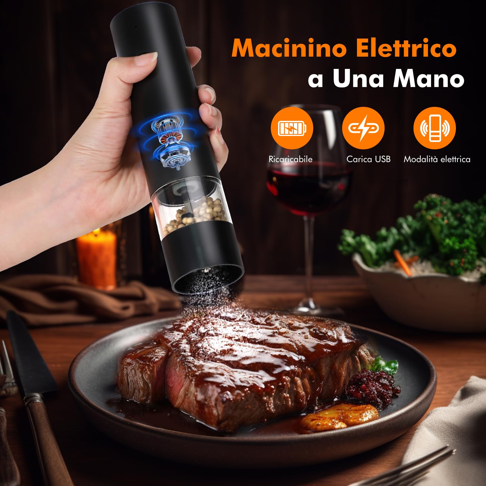 Macina Sale e Pepe Elettrico di 2 Pezzi -Ricaricabile USB Macina Pepe Elettrico con Base-Macinino Spezie a Grana Regolabile, Contenitore Lavabile per Cucina/Picnic/Grigliate