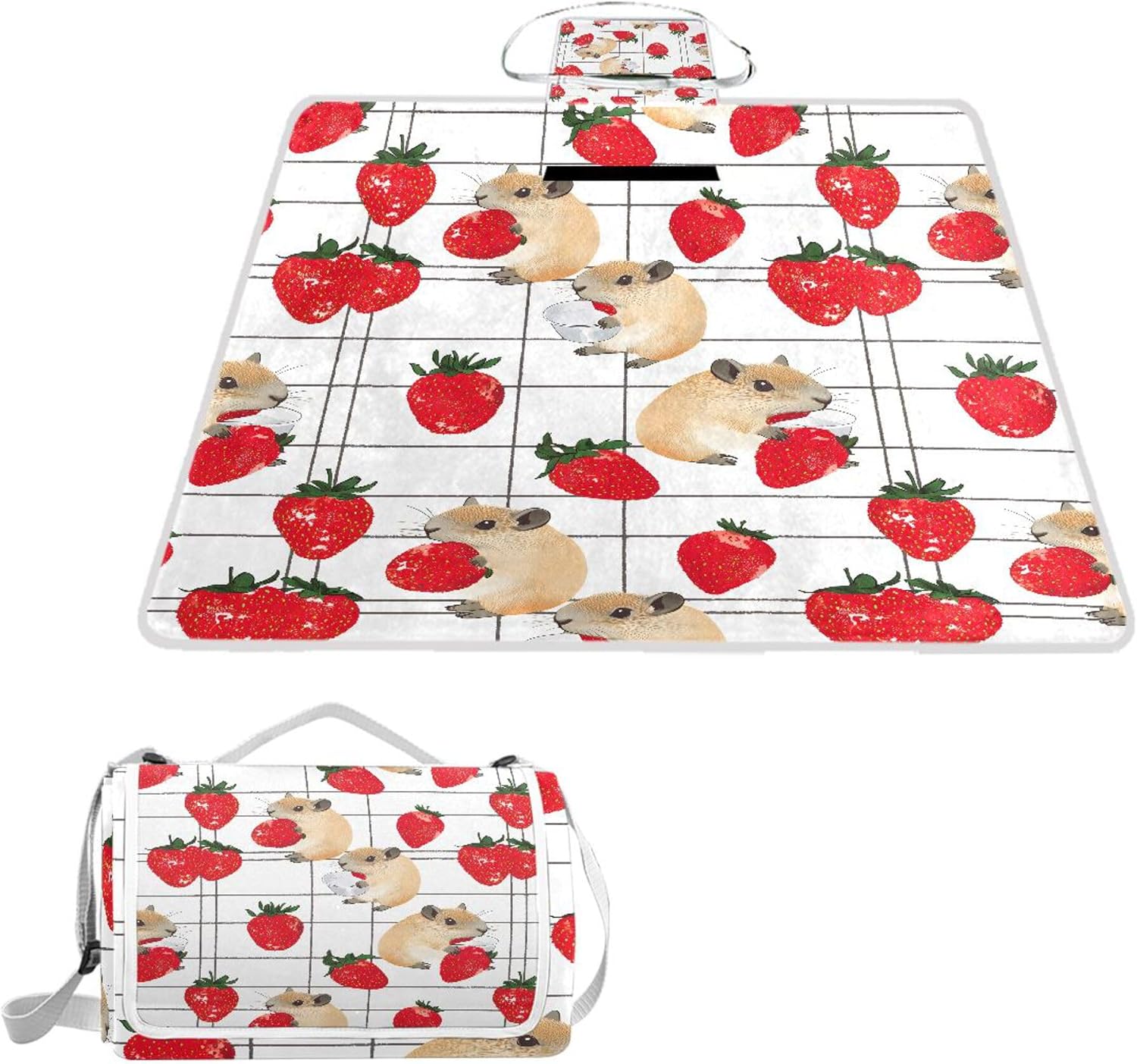 MNSRUU Picnic Blanket Waterproof Foldable, Mouse Strawberry Fruit Cute Large Outdoor Picnic Blanket Beach Blankets Camping Blanket Travel Mat, Shoulder Strap Tote, Rectangle 57x59in