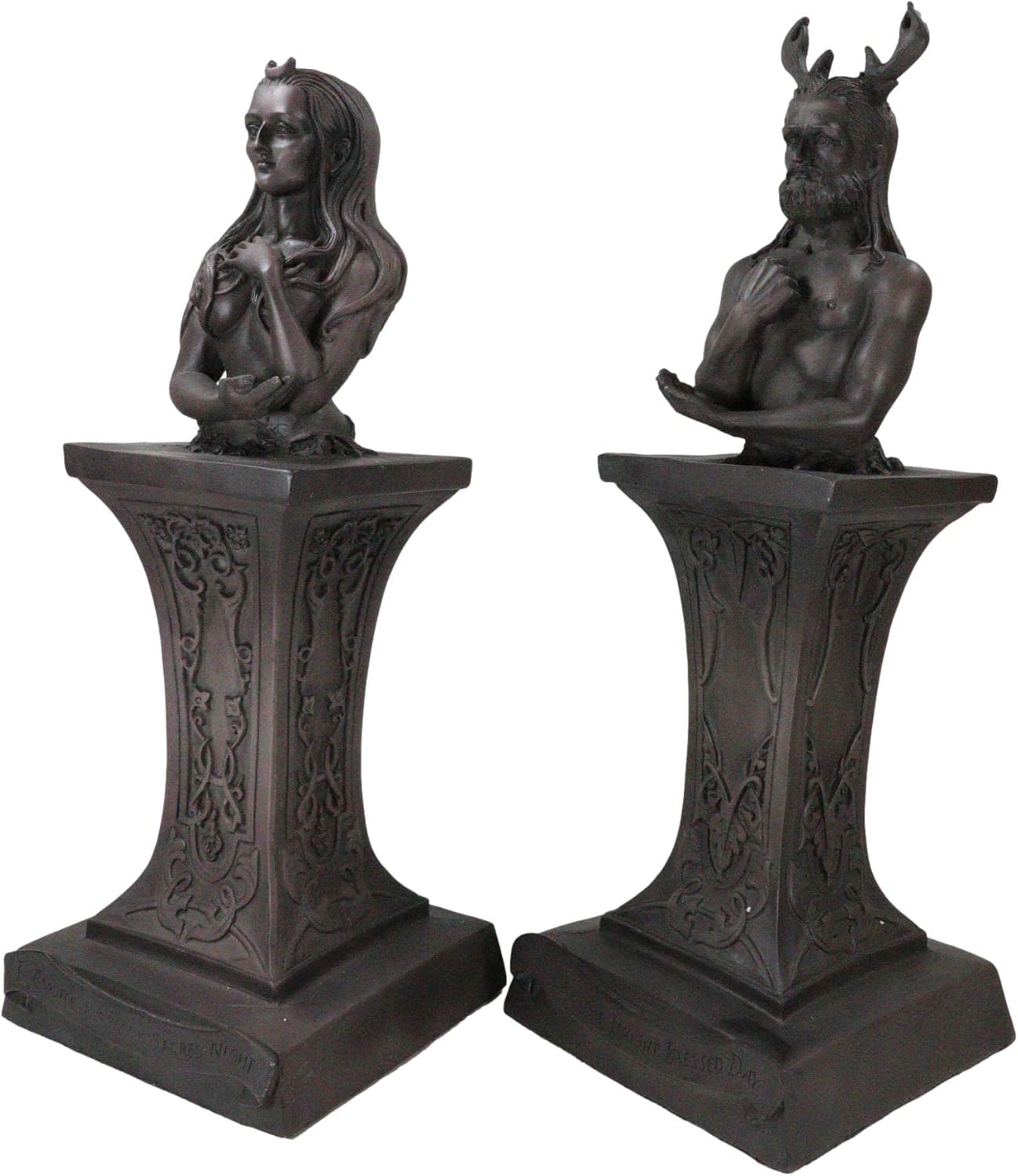 Ebros Neopaganism Wiccan Primary Deity Statue Featuring The Masculine Horned God Or Feminine Crescent Moon Triple Goddess Busts On Pedestal (Set of Two Triple Moon Goddess and Horned God)