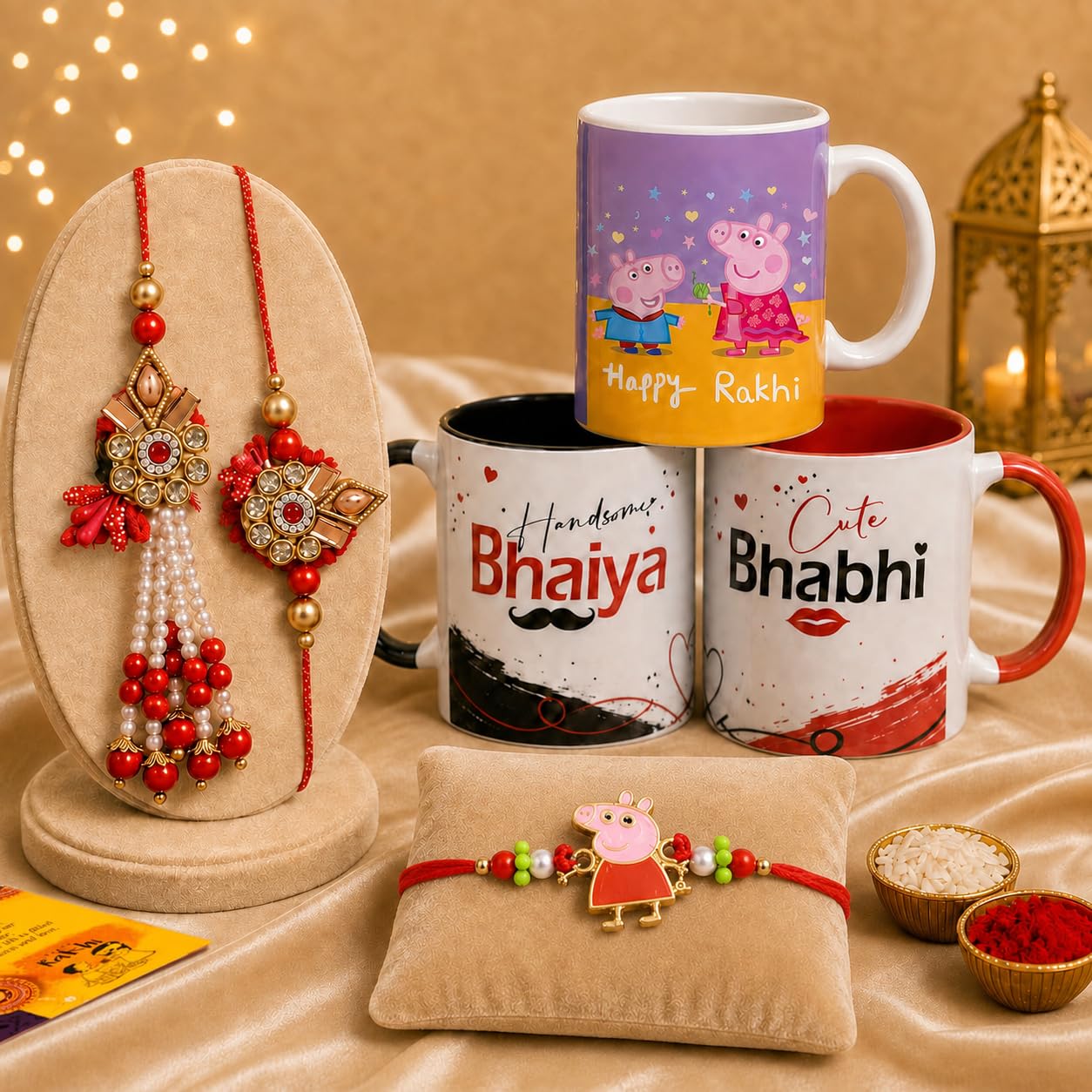 CraftVatika Rakhi for Brother and Bhabhi Kids, Designer Rakhis for Rakshabandhan, Bhaiya Bhabhi Kids Rakhi Gift Combo Set, Rakshabandhan Gift for Brother Bhatija Ceramic Coffee Mug Set of 3 & Tillak