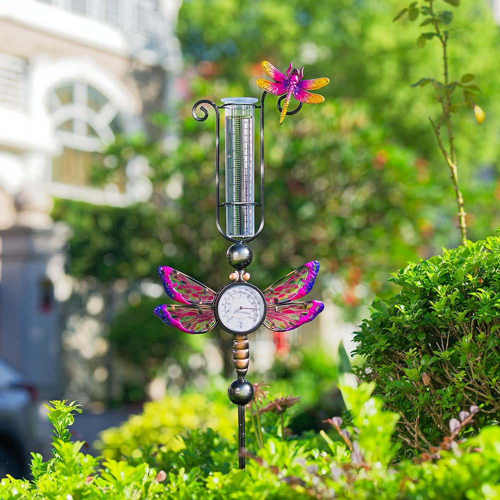 Regenmesser für den Außenbereich mit 7 Inc Kunststoffrohr | Mit Thermometer, gebeizter Libellen-Dekoration, Metall-Gartenstecker, Regenwassermesser für Hof, Garten und Rasen