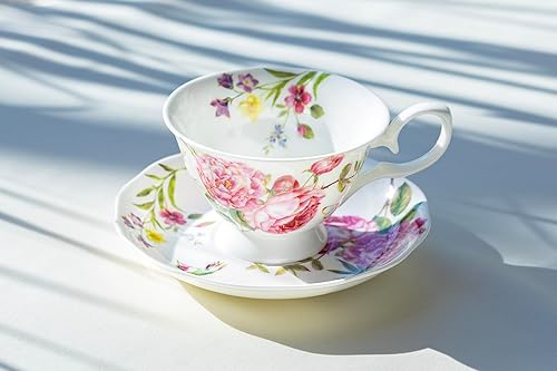 Miniatura 5 de Gracie Bone China Climbing Roses - Taza de té y platillo de 8 onzas (juego de 2), rosa