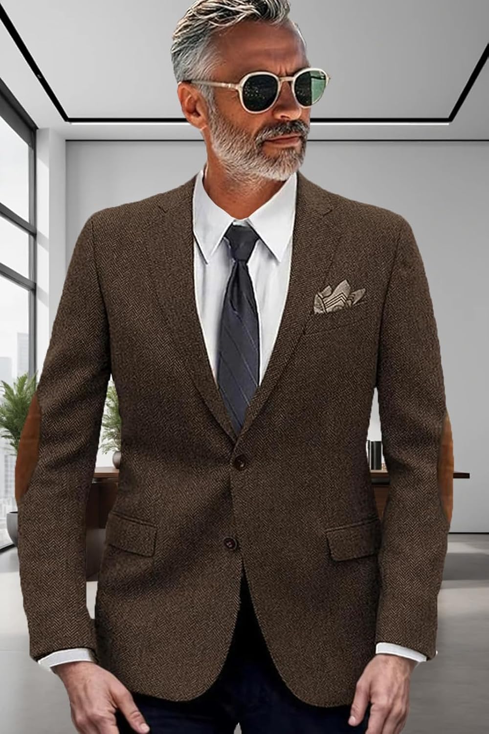 VENNYNG Men's Tweed Blazer Suit Jacket with Elbow Patches Single Breasted Male Short Vintage Trench Coat - Image 3